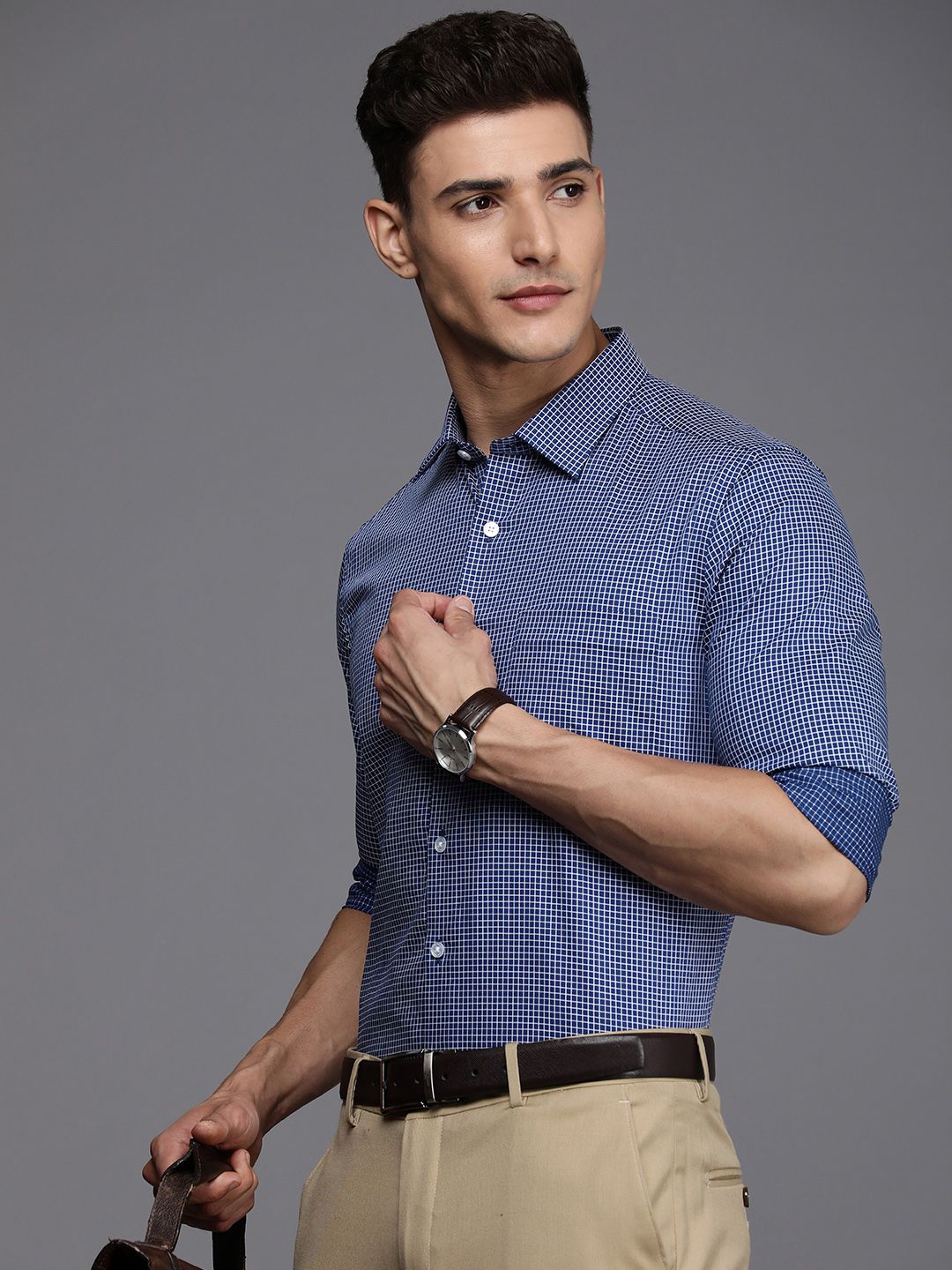 Louis Philippe Slim Fit Grid Tattersall Checked Pure Cotton Formal Shirt