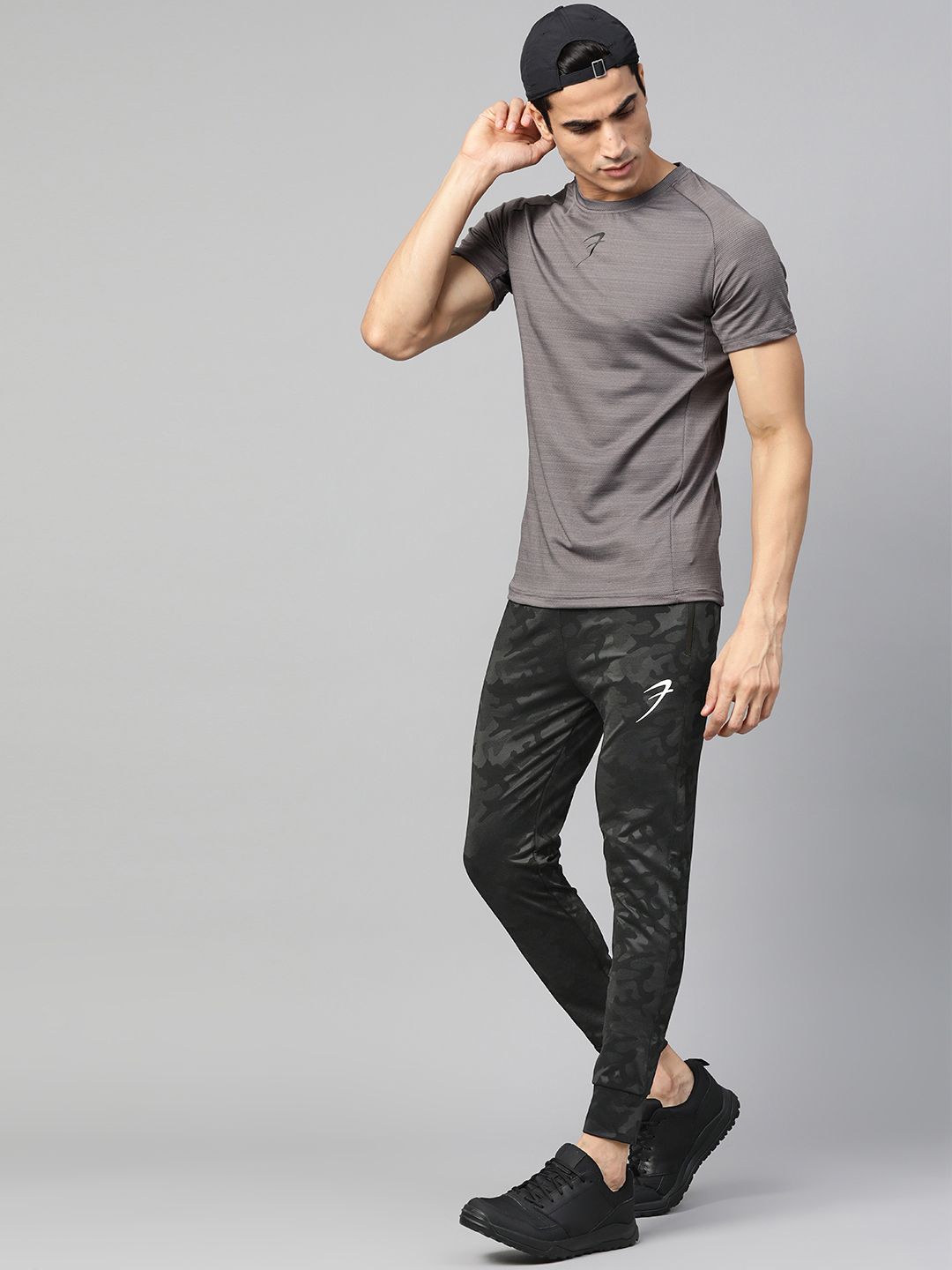  Fuaark Men Black & Charcoal Grey Slim Fit Camouflage Printed Training Joggers