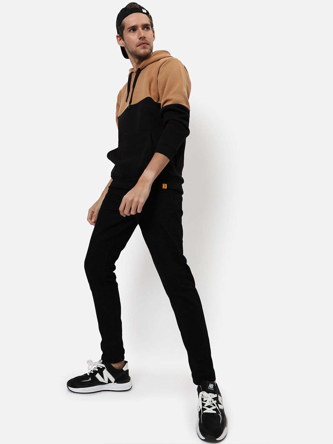  Campus Sutra Men Tan & Black Color Blocked Hooded Cotton Sweatshirt