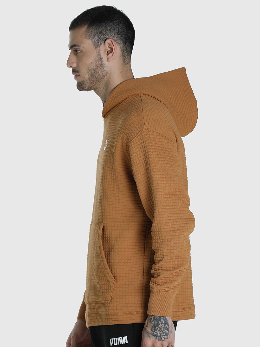  Puma Men Brown Checked Classics Quilted Relaxed Fit Hoodie Sweatshirt