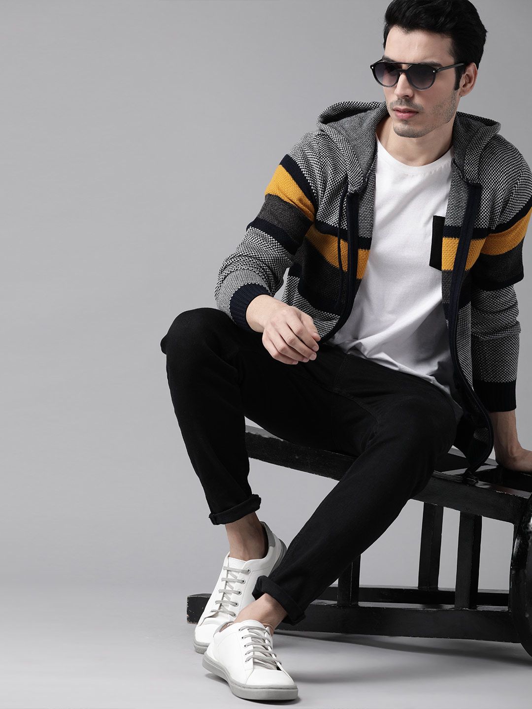  Roadster Men Grey & Black Striped Hooded Sweatshirt