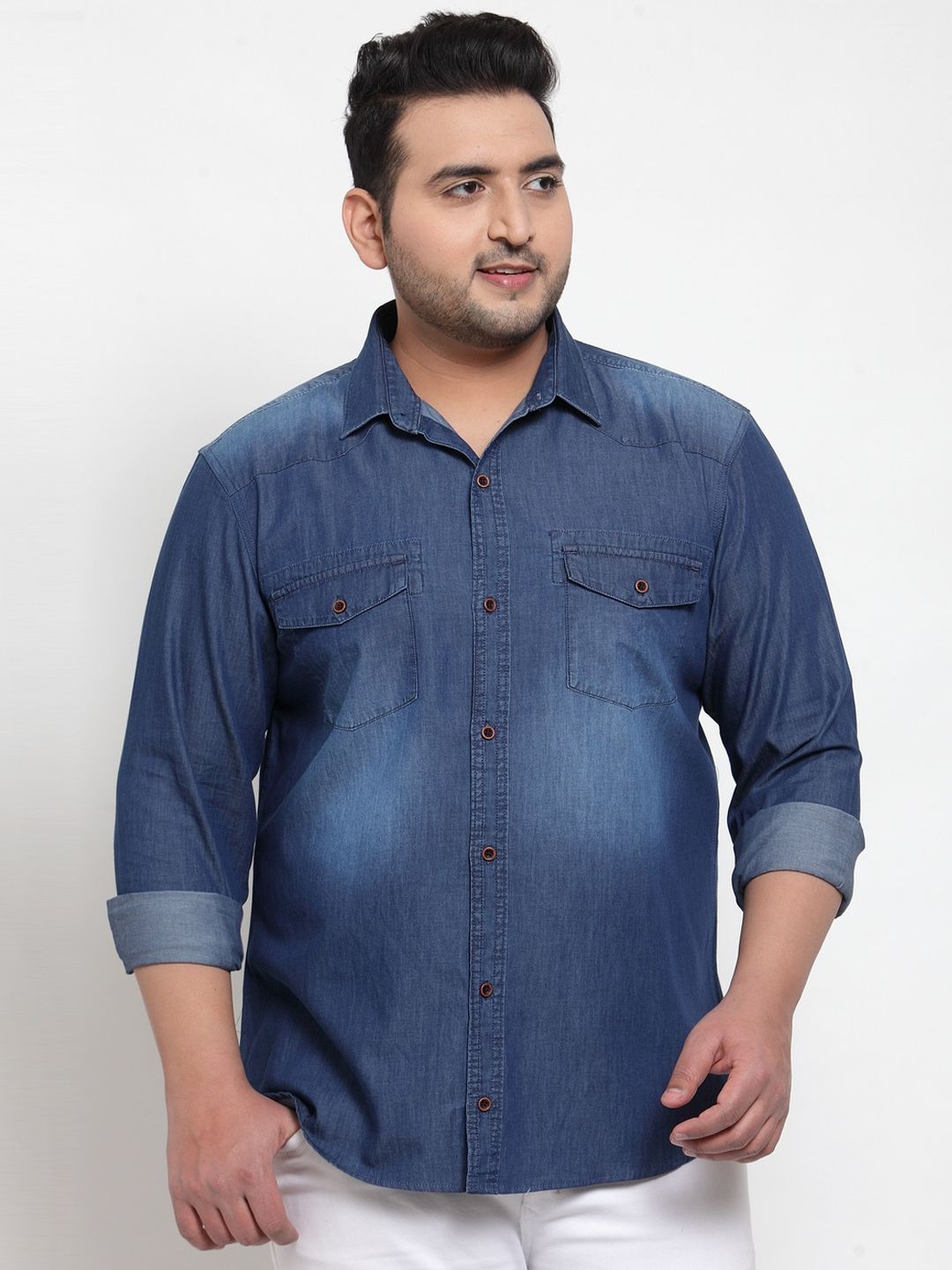  PlusS Men Blue Regular Fit Solid Casual Denim Shirt