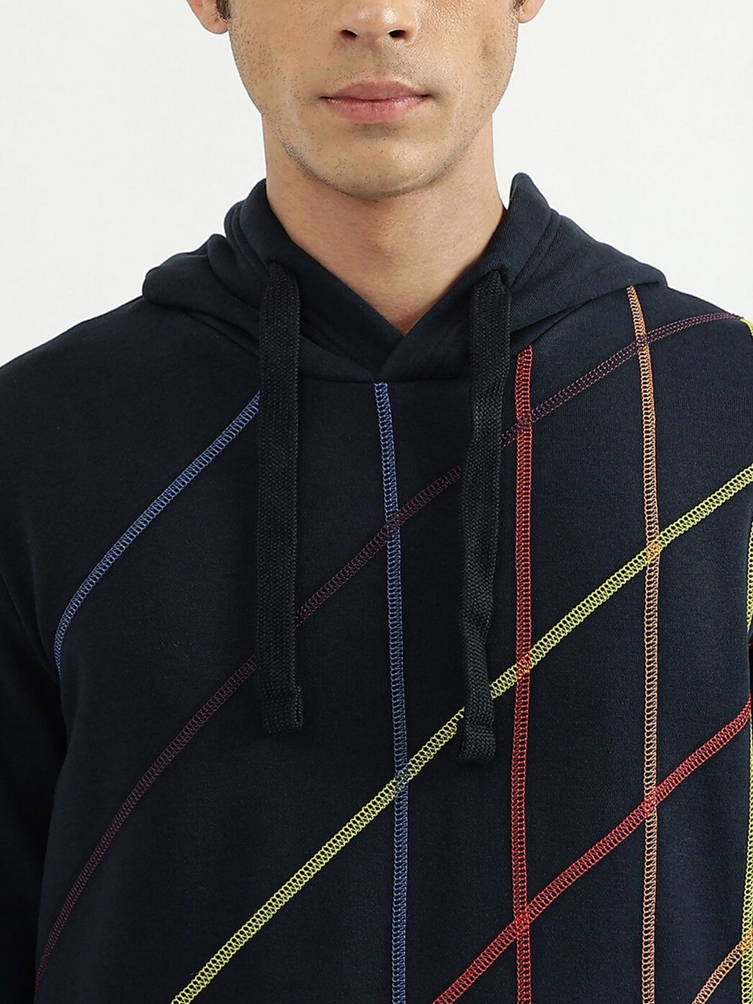  United Colors Of Benetton Men Black Striped Hooded Sweatshirt