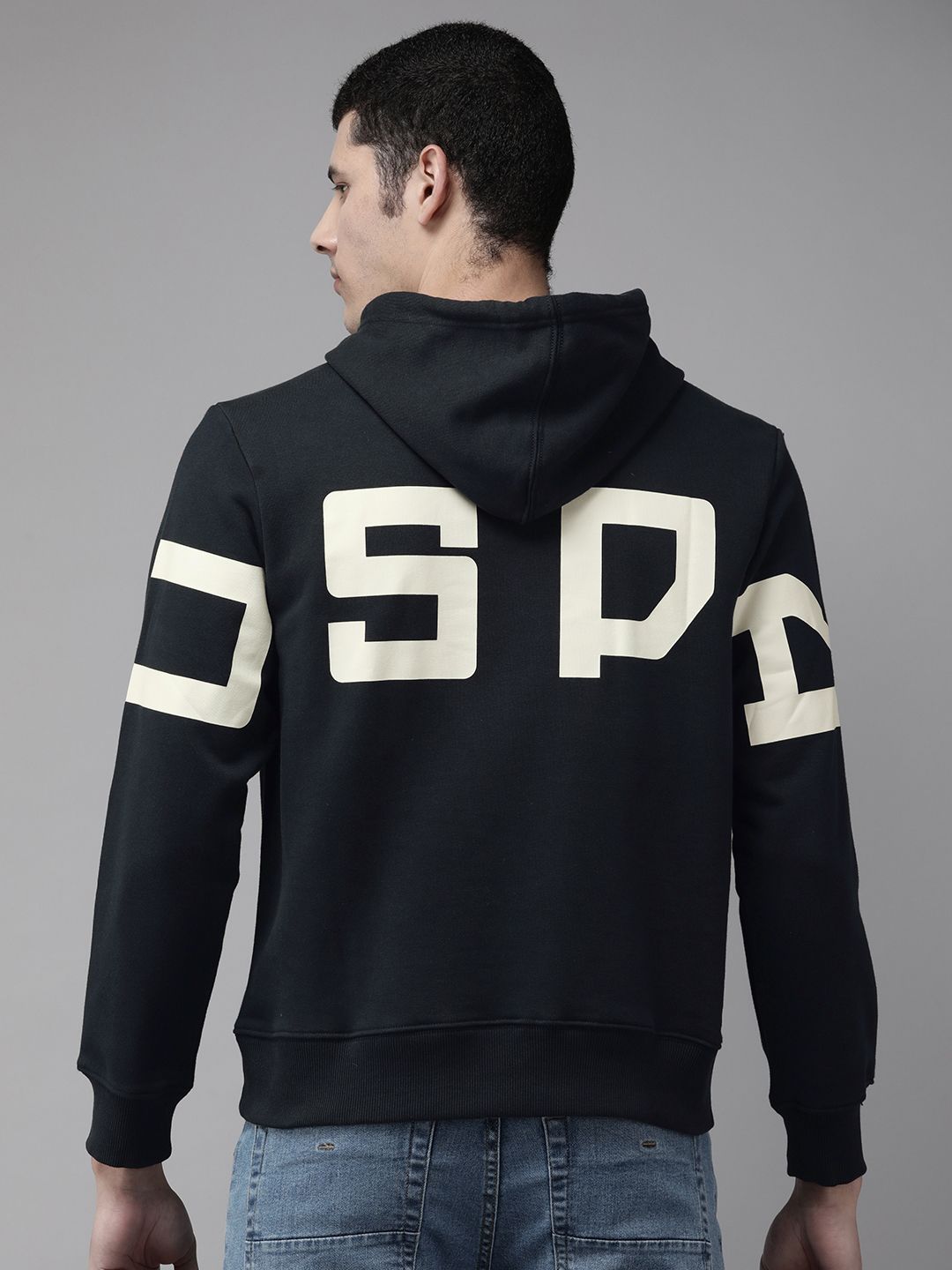  U S Polo Assn Denim Co Men Navy Blue & White Printed Hooded Sweatshirt