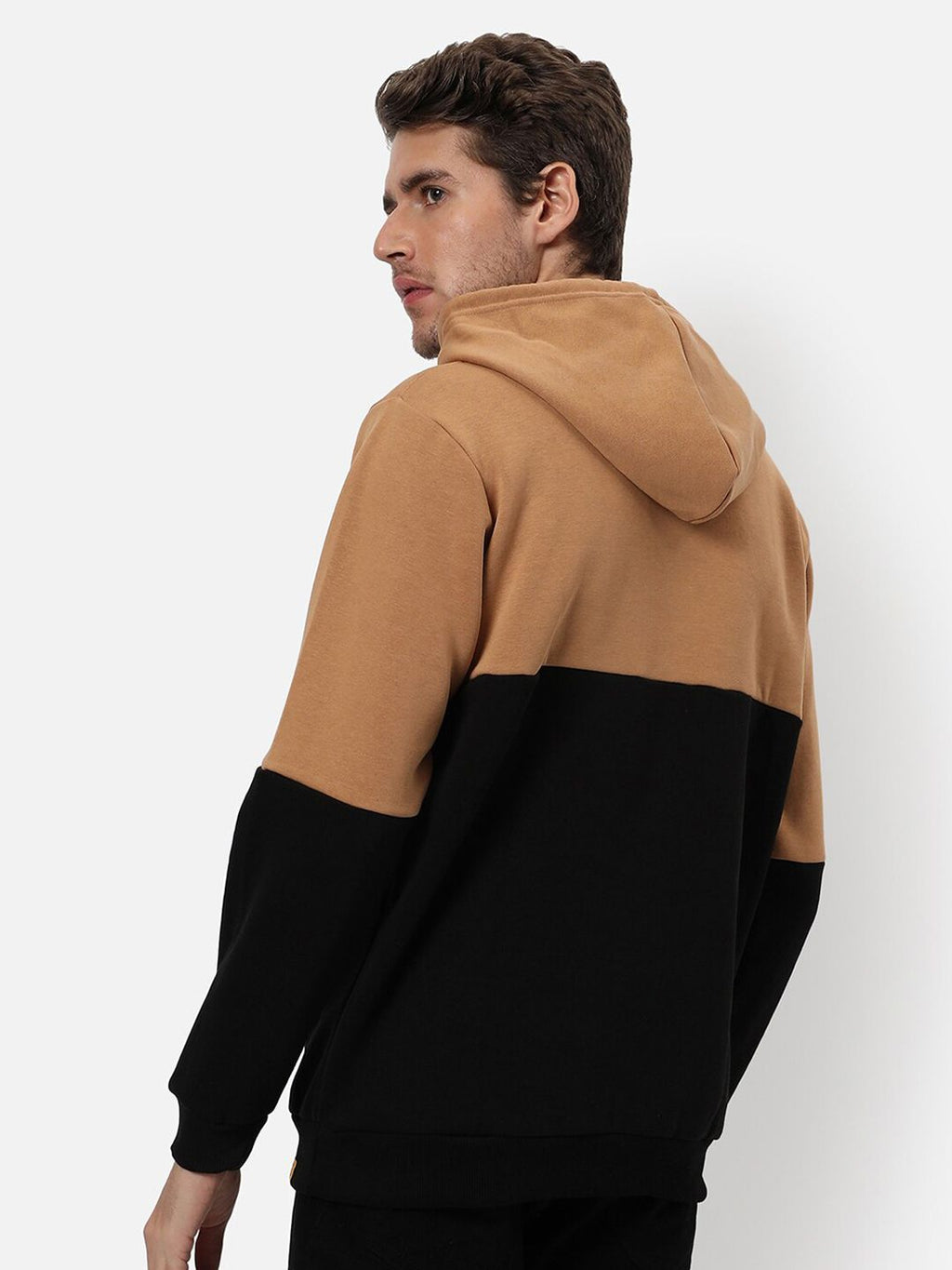  Campus Sutra Men Tan & Black Color Blocked Hooded Cotton Sweatshirt