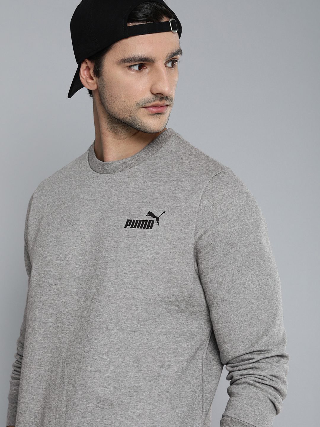  Puma Men Grey Solid Essential Pullover Sweatshirt With Logo Print