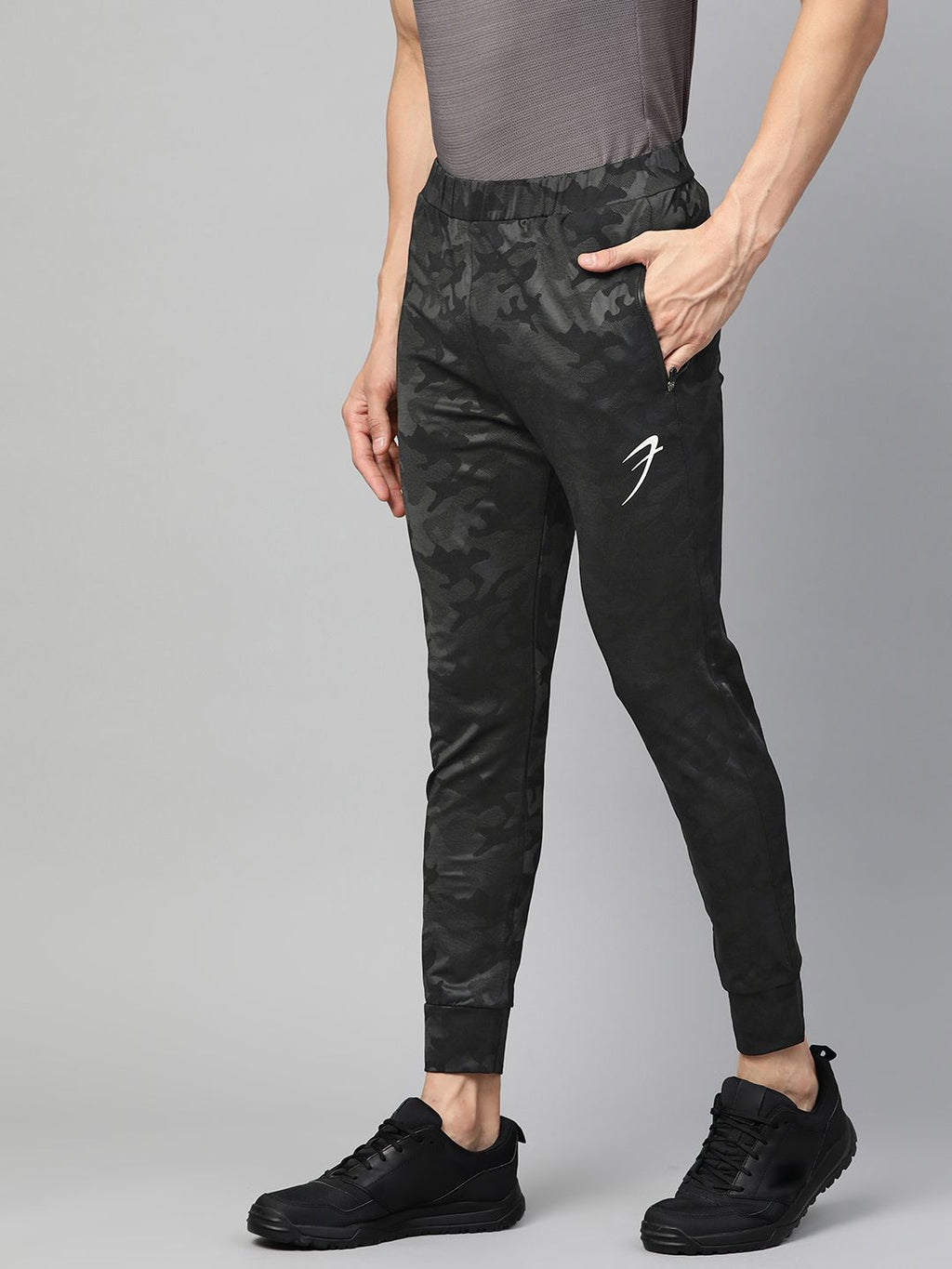  Fuaark Men Black & Charcoal Grey Slim Fit Camouflage Printed Training Joggers