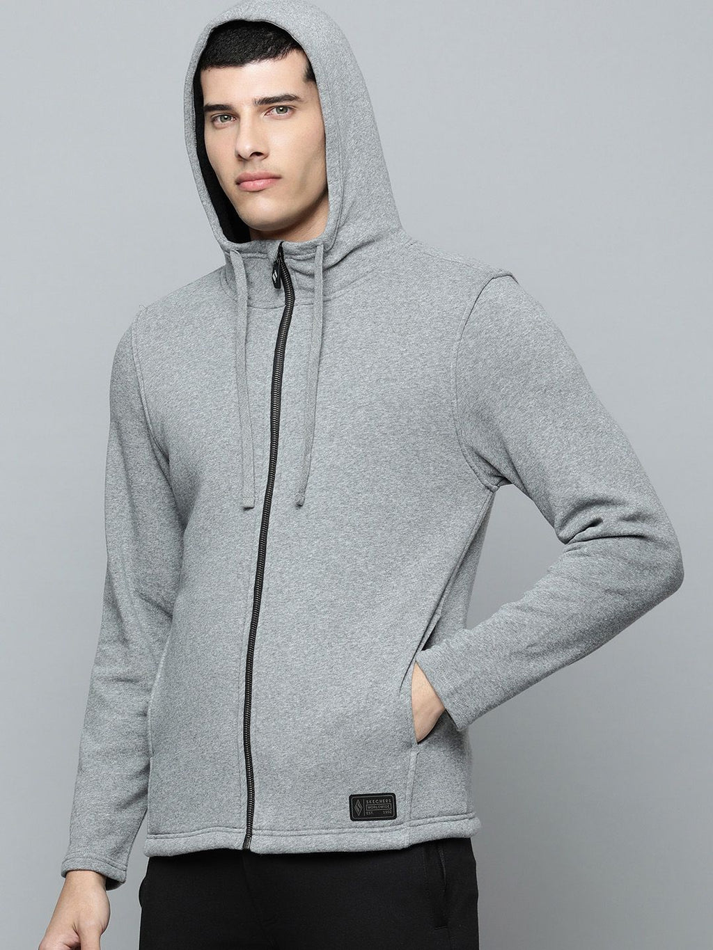  Skechers Men Grey Melange Solid Hooded Sweats Lounge Sherpa Sweatshirt