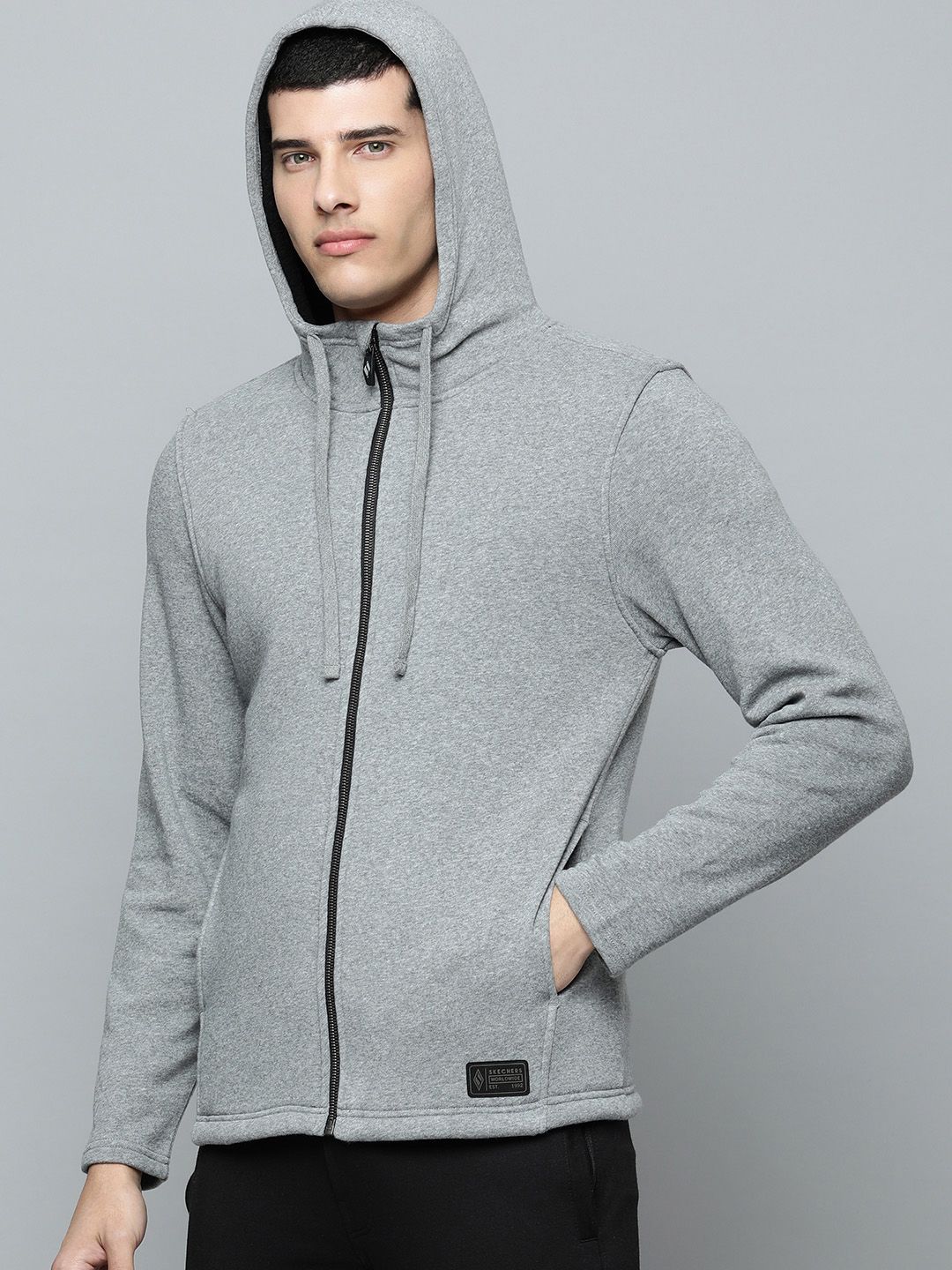  Skechers Men Grey Melange Solid Hooded Sweats Lounge Sherpa Sweatshirt