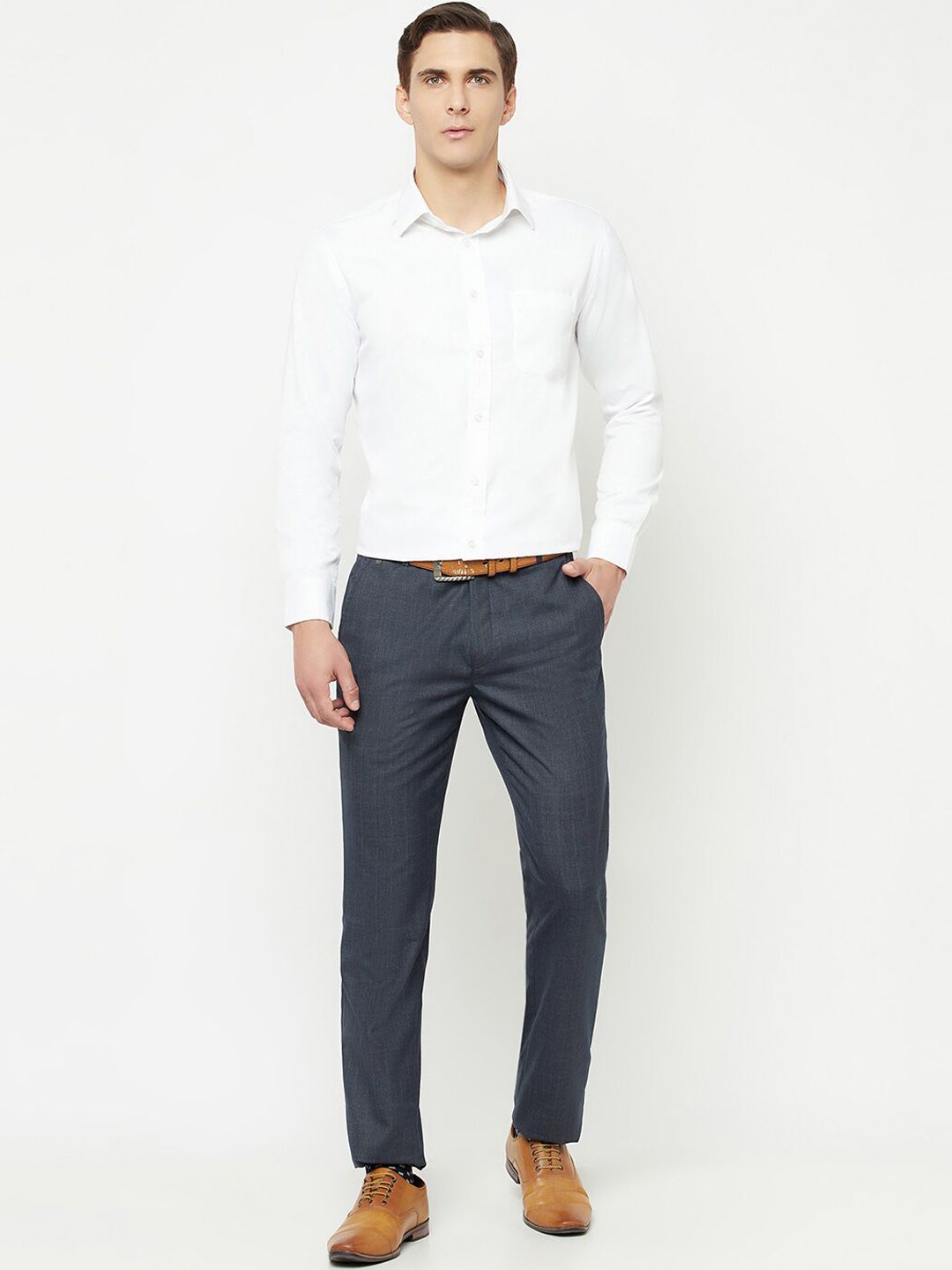  Cantabil Men Navy Blue Checked Formal Trousers