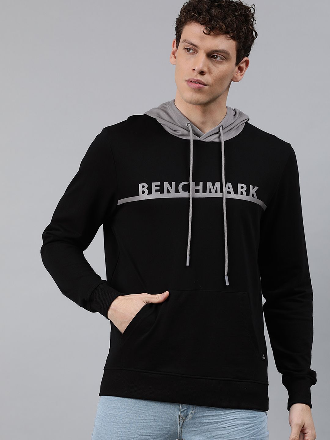  WROGN Men Black & Grey Printed Hooded Sweatshirt