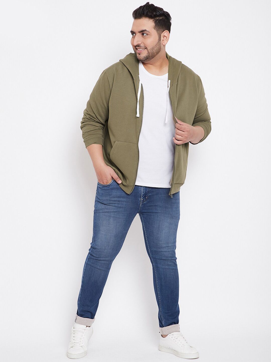  Instafab Plus Men Olive Green Solid Hooded Sweatshirt