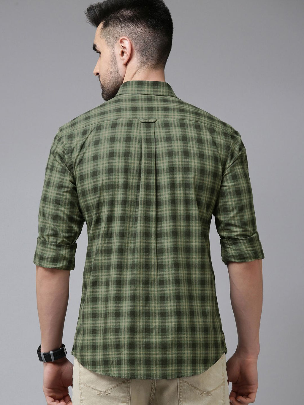 U.S. Polo Assn. U S Polo Assn Men Olive Green Tailored Fit Tartan Checked Pure Cotton Casual Shirt