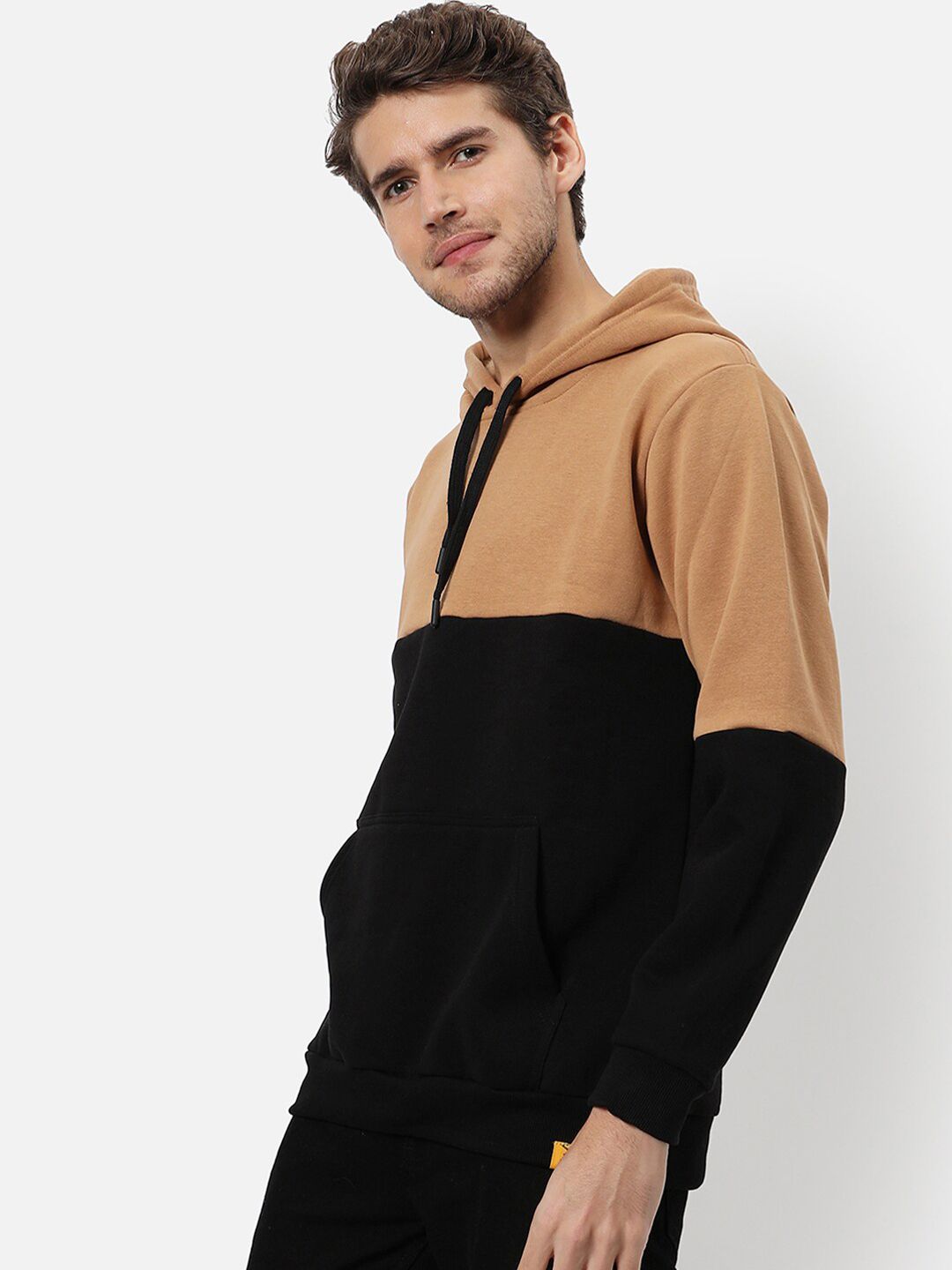  Campus Sutra Men Tan & Black Color Blocked Hooded Cotton Sweatshirt