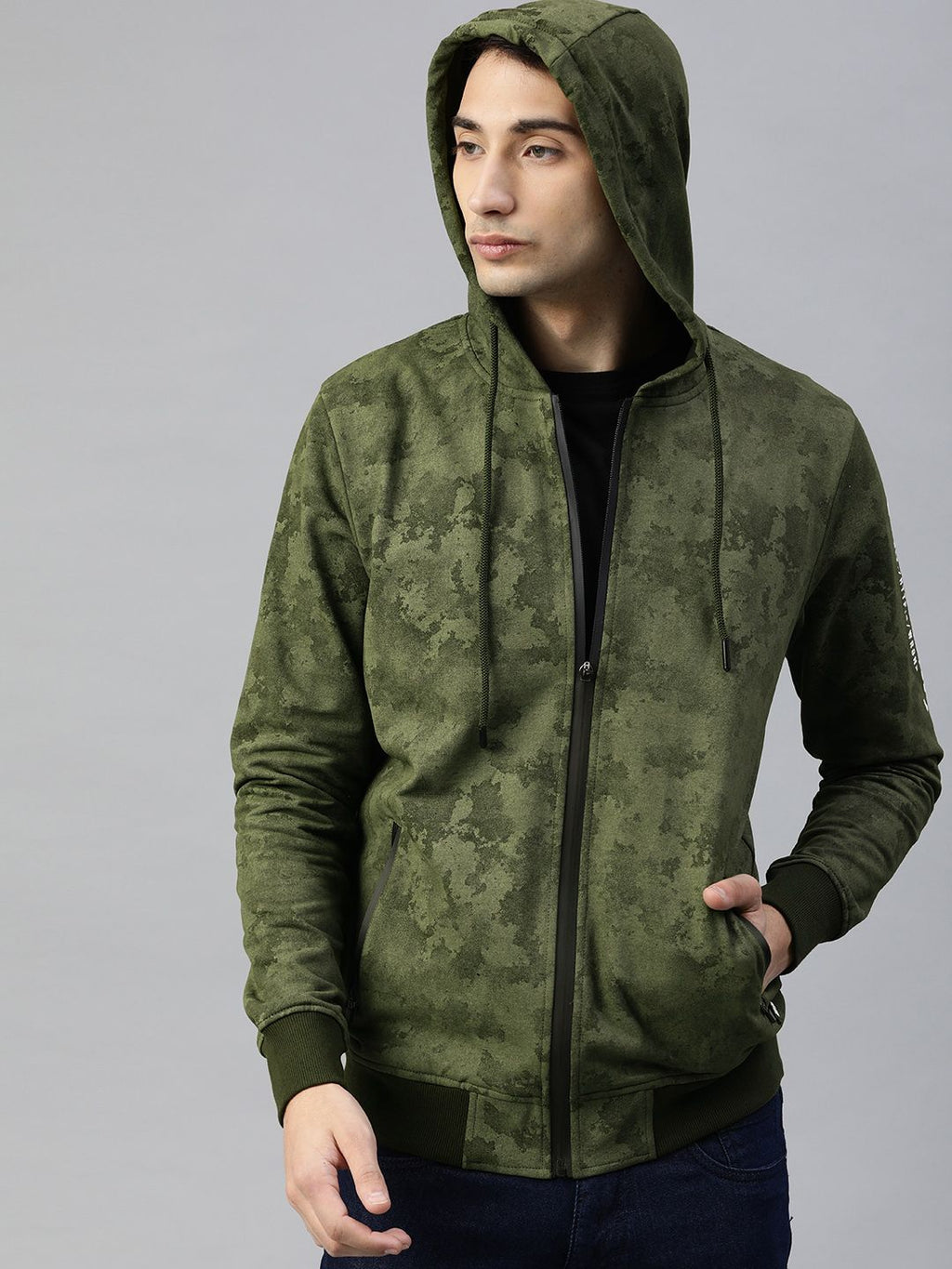  WROGN Men Olive Green Camouflage Printed Hooded Sweatshirt