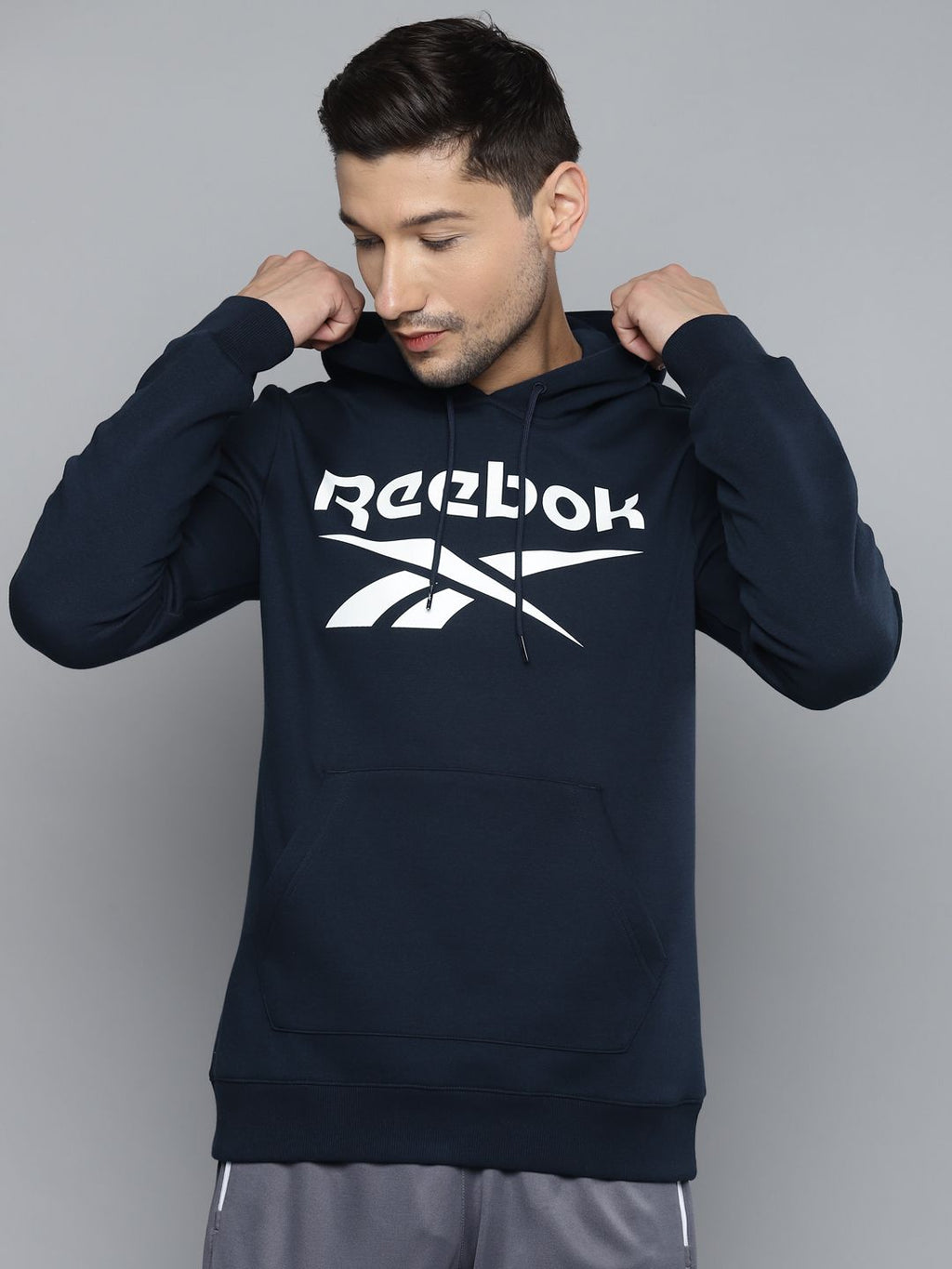  Reebok Men Navy Blue Brand Logo Print FLC OTH Hooded Sweatshirt