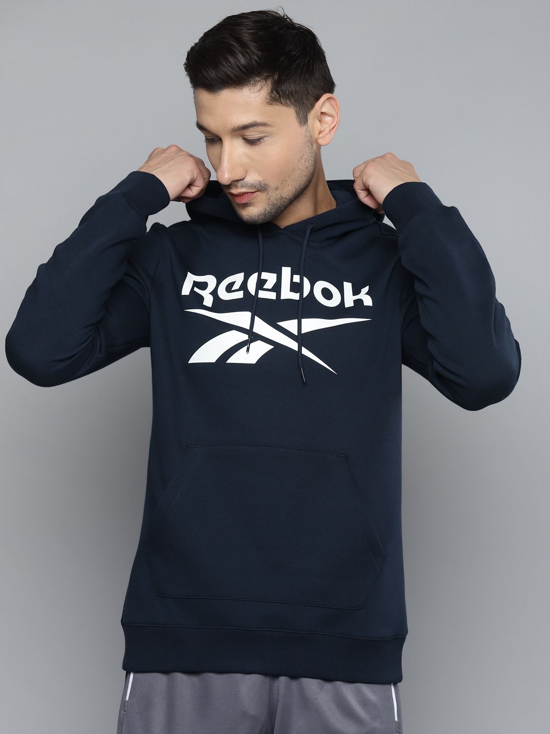  Reebok Men Navy Blue Brand Logo Print FLC OTH Hooded Sweatshirt