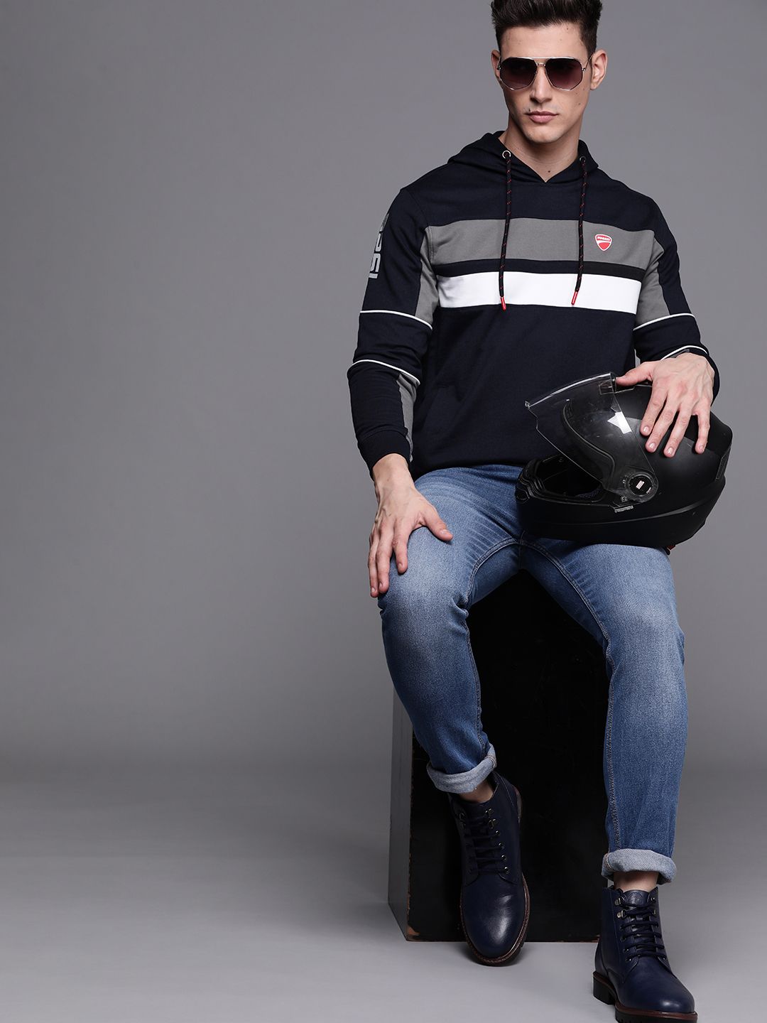  Ducati Men Navy Blue Striped Hooded Sweatshirt