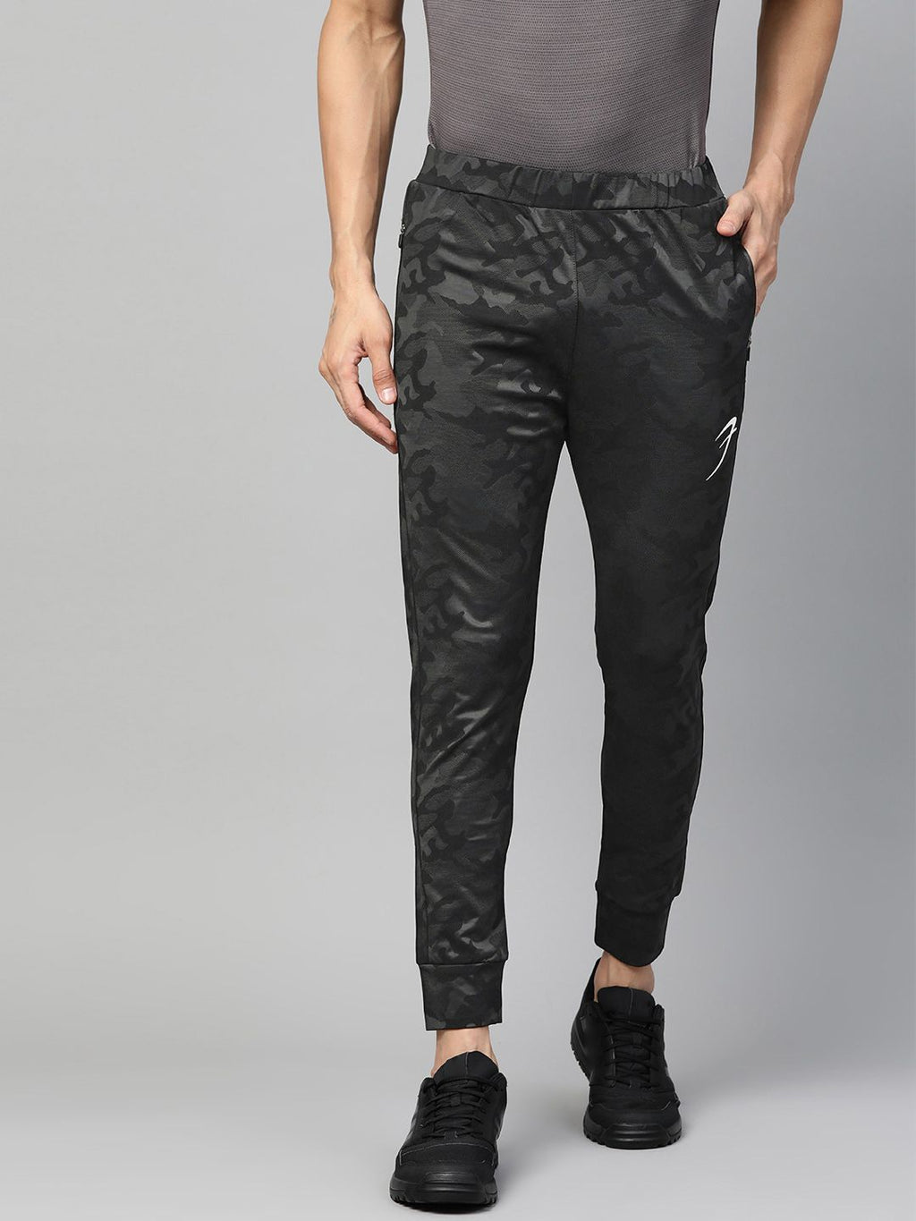  Fuaark Men Black & Charcoal Grey Slim Fit Camouflage Printed Training Joggers