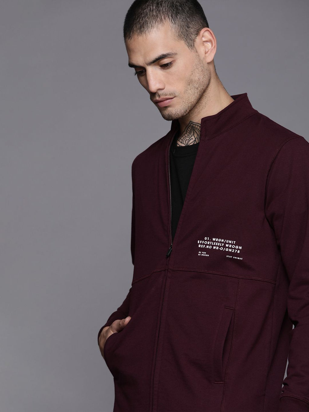  WROGN Men Maroon Applique Mock-Collar Front-Open Sweatshirt