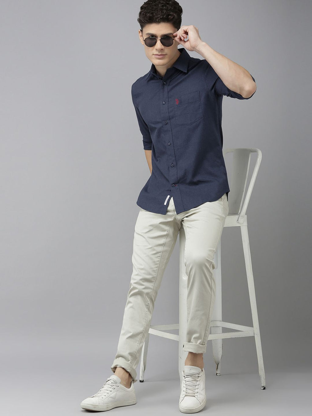 U.S. Polo Assn. U S Polo Assn Men Navy Blue Solid Tailored Fit Pure Cotton Casual Shirt
