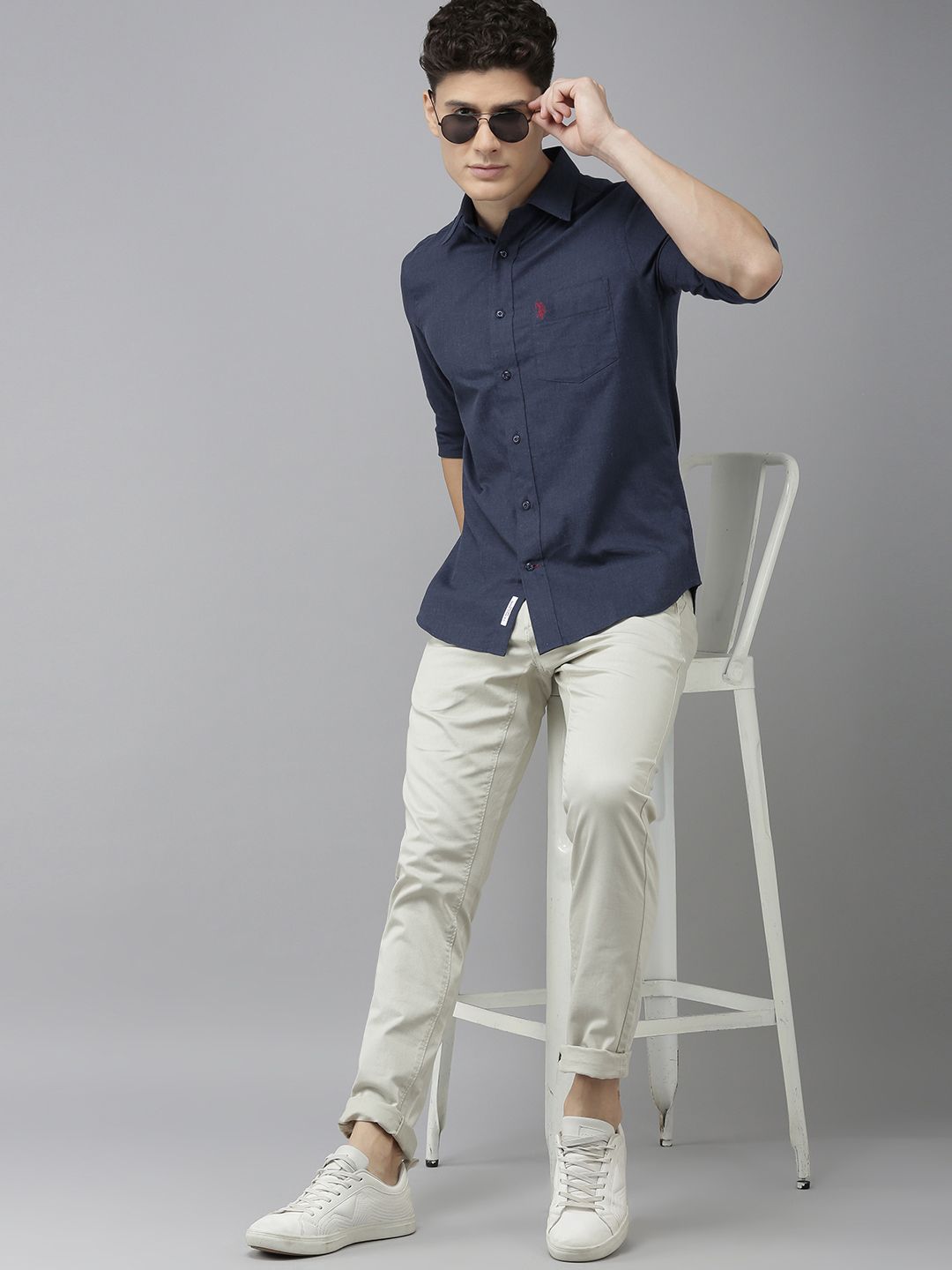 U.S. Polo Assn. U S Polo Assn Men Navy Blue Solid Tailored Fit Pure Cotton Casual Shirt