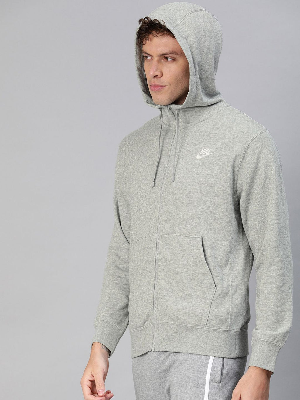  Nike Men Grey Melange Solid CLUB Hooded Sweatshirt