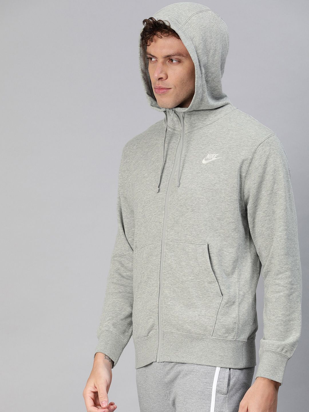  Nike Men Grey Melange Solid CLUB Hooded Sweatshirt