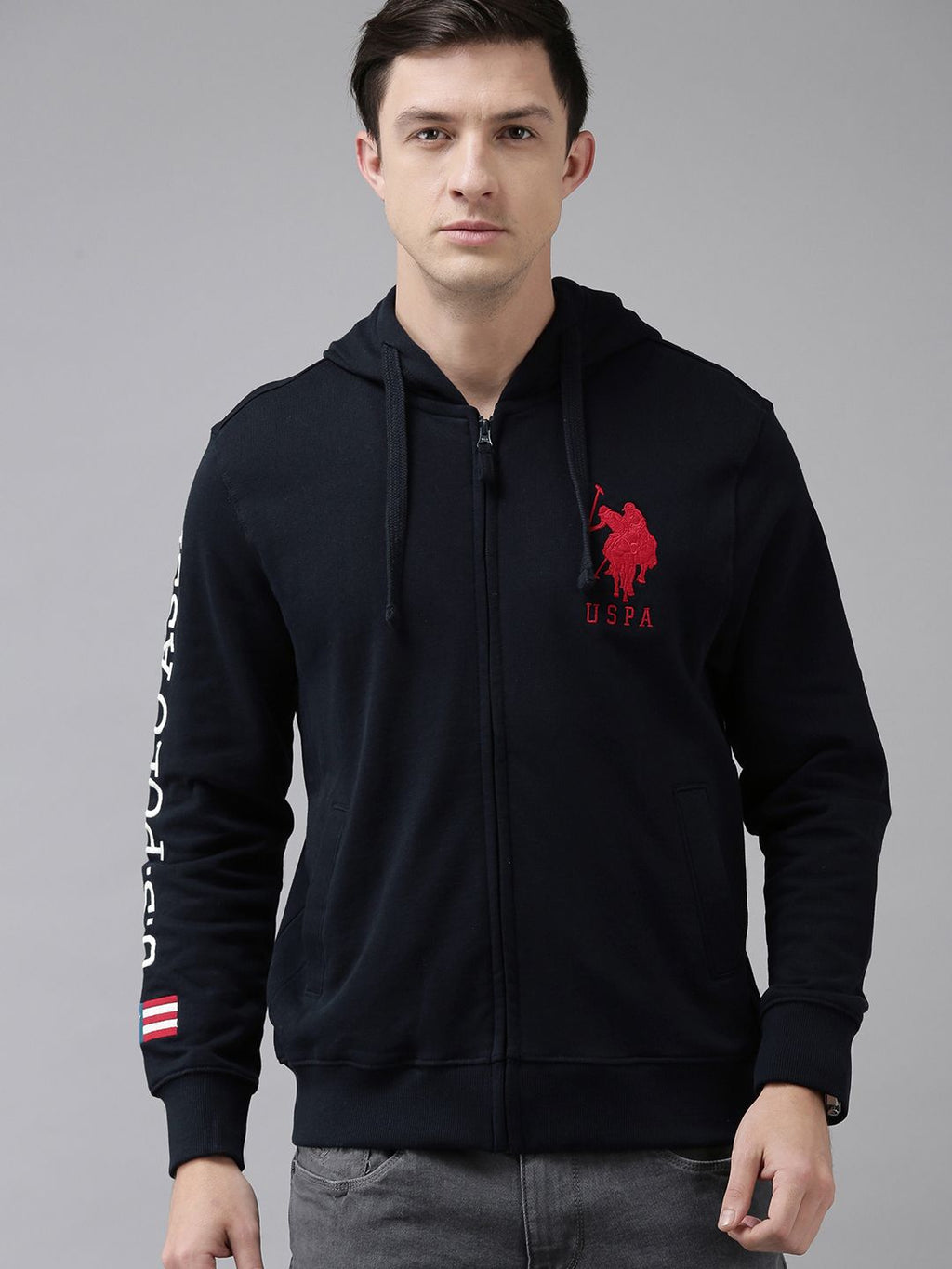 U.S. Polo Assn. U S Polo Assn Men Navy Blue Brand Logo Printed Hooded Front-Open Sweatshirt