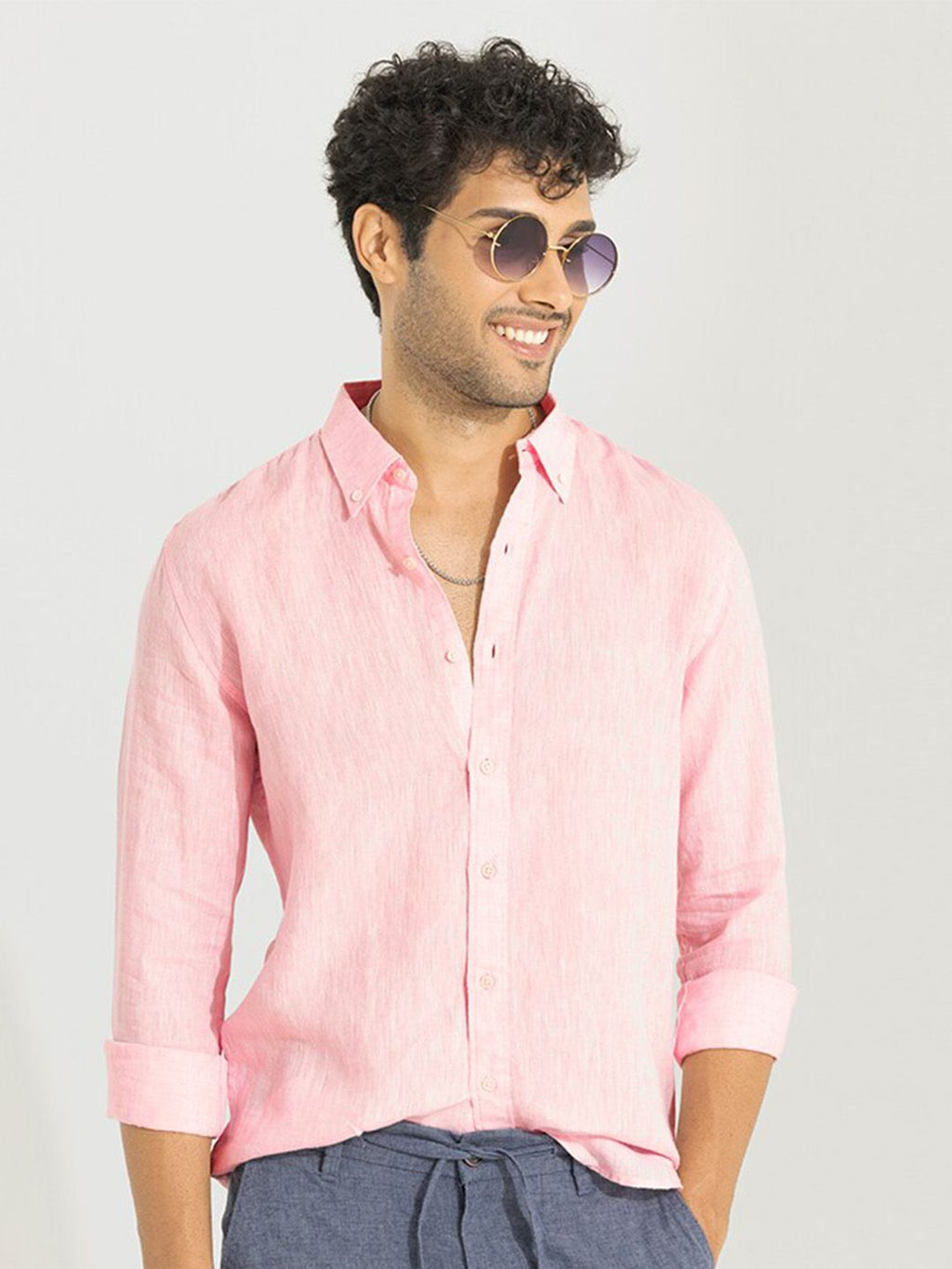  Snitch Pink Classic Slim Fit Linen Casual Shirt