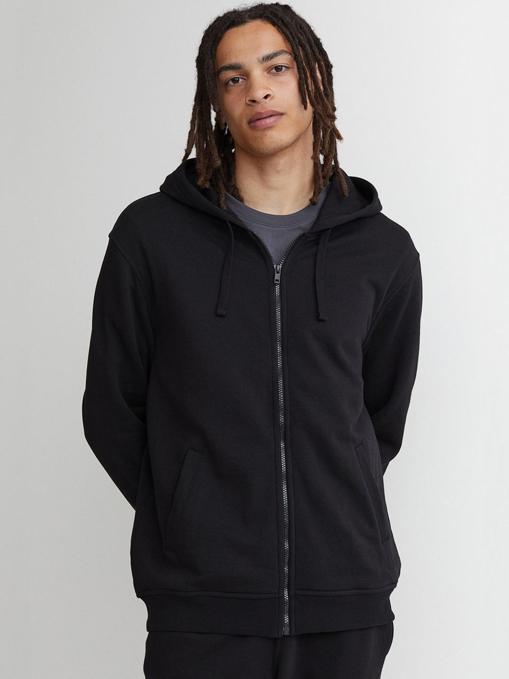  H&M Men Black Solid Relaxed Fit Zip-Through Hoodie