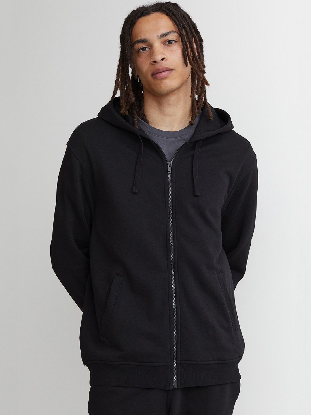  H&M Men Black Solid Relaxed Fit Zip-Through Hoodie