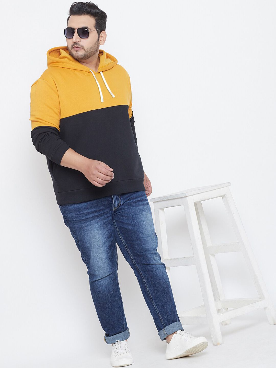  Instafab Plus Men Mustard Yellow & Black Colourblocked Hooded Sweatshirt