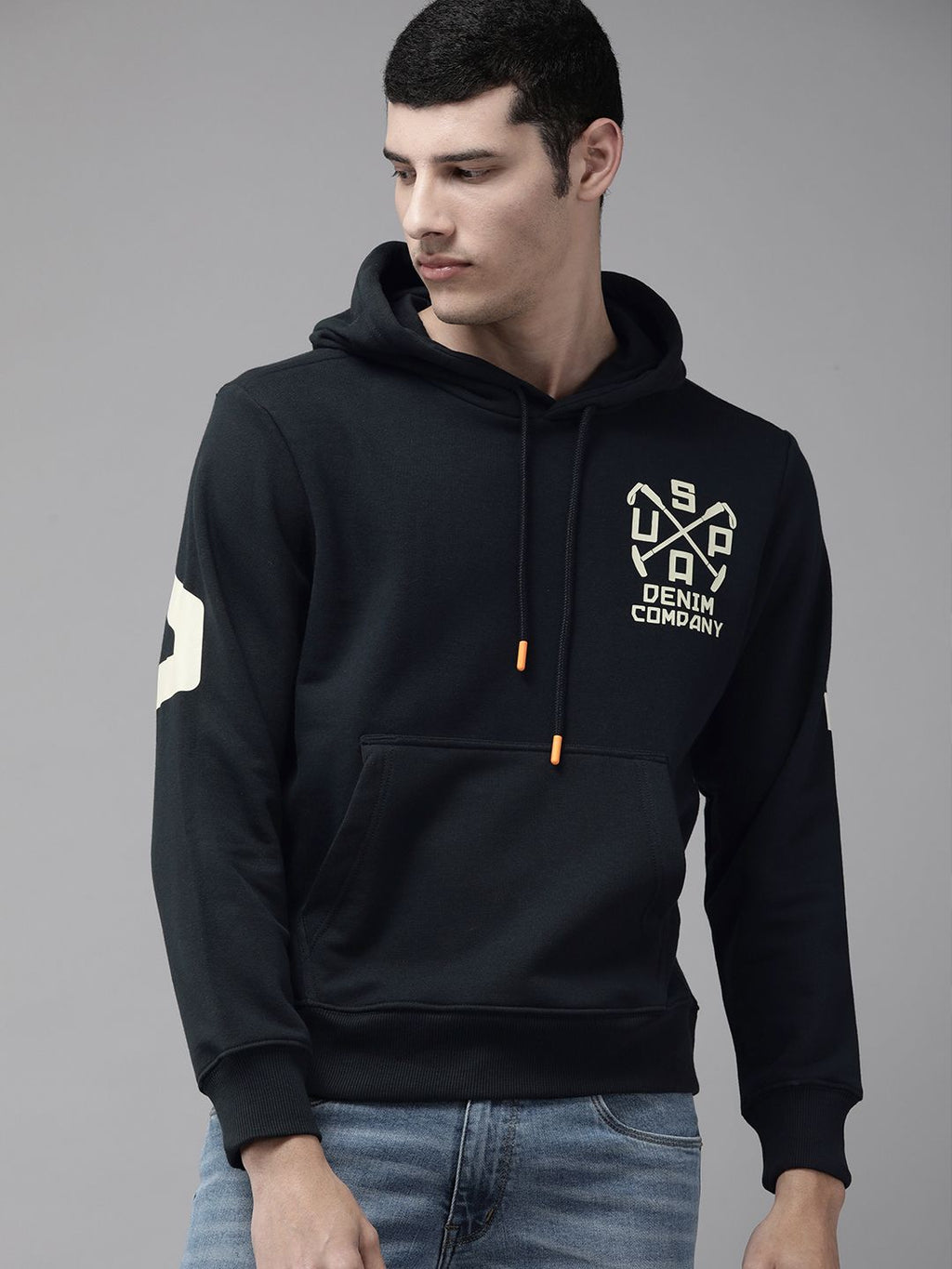 U S Polo Assn Denim Co Men Navy Blue & White Printed Hooded Sweatshirt