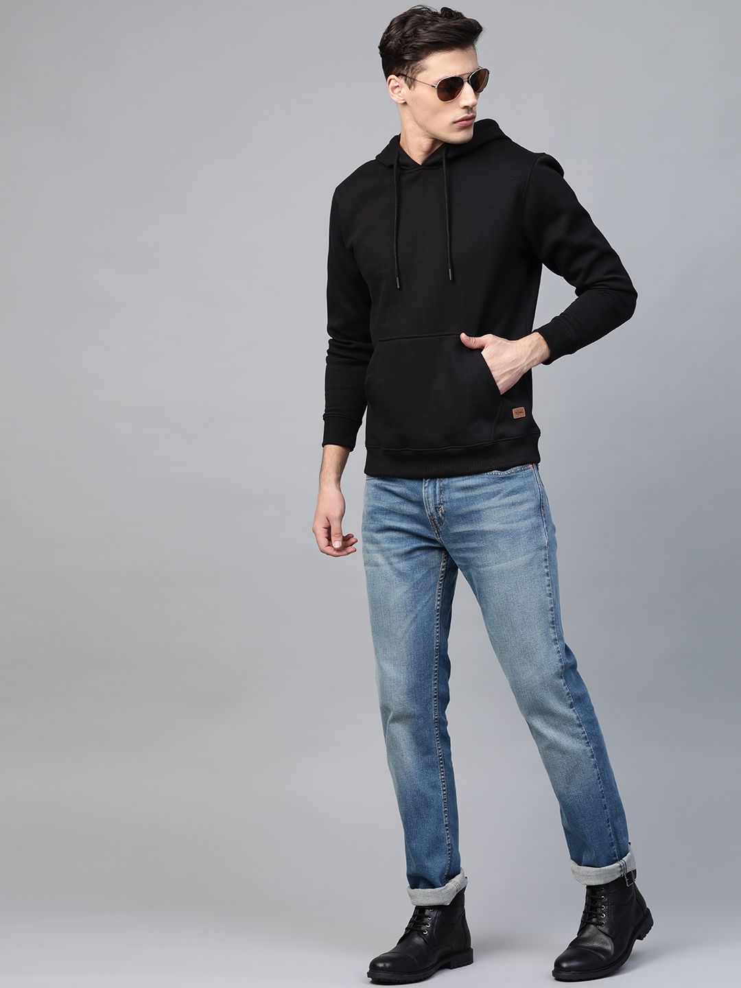  Roadster Men Black Solid Hooded Sweatshirt