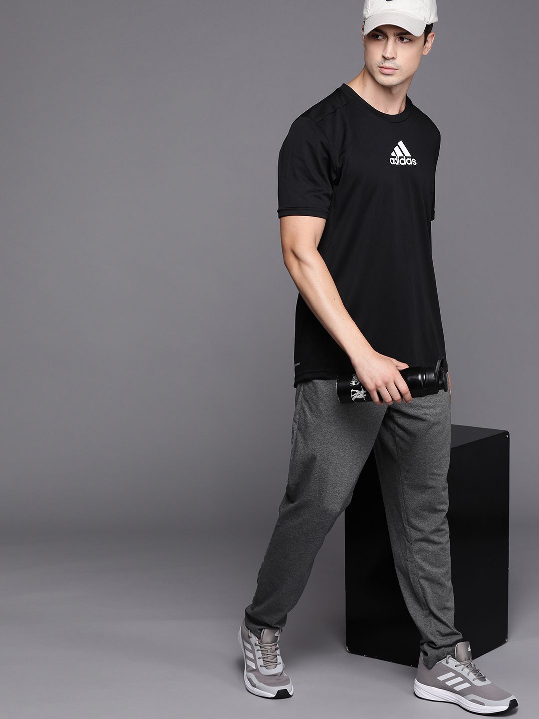  ADIDAS Men Charcoal Grey Brand Logo Embroidered Detail Track Pants