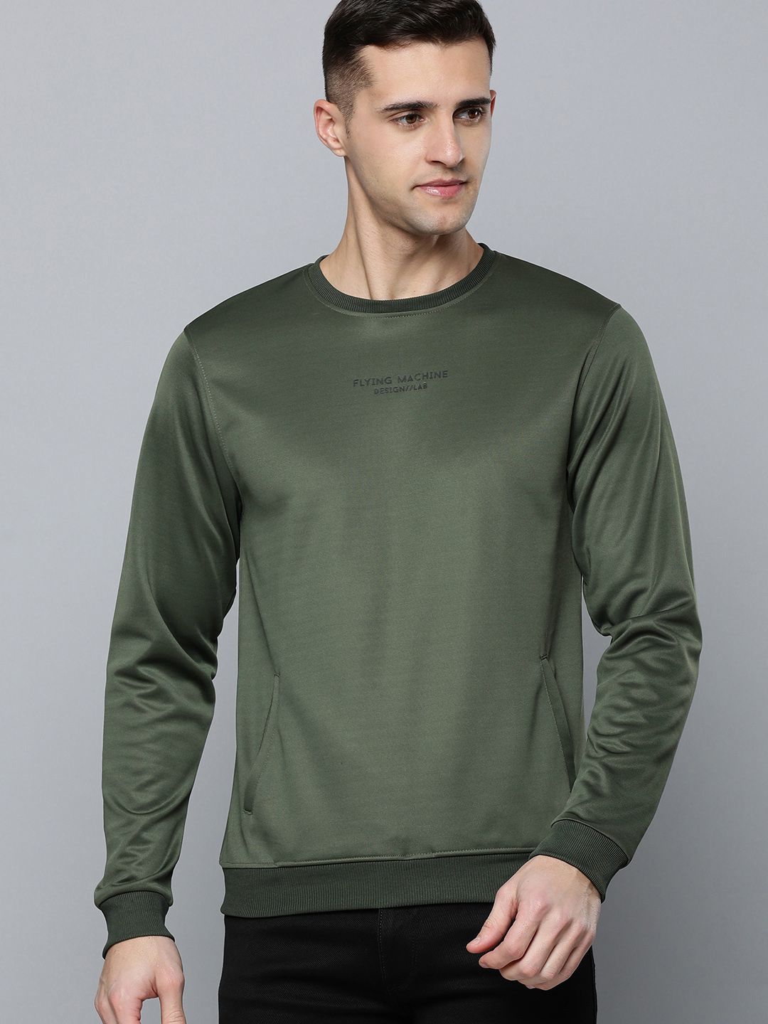  Flying Machine Men Green Solid Sweatshirt With Minimal Print Detail