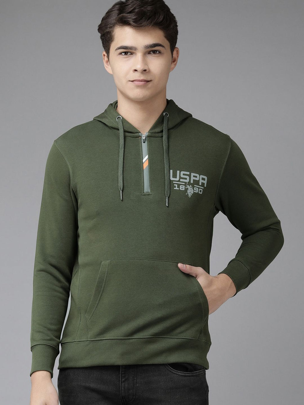  U S Polo Assn Denim Co Men Green Full Sleeve Front Half Open Hooded Sweatshirt