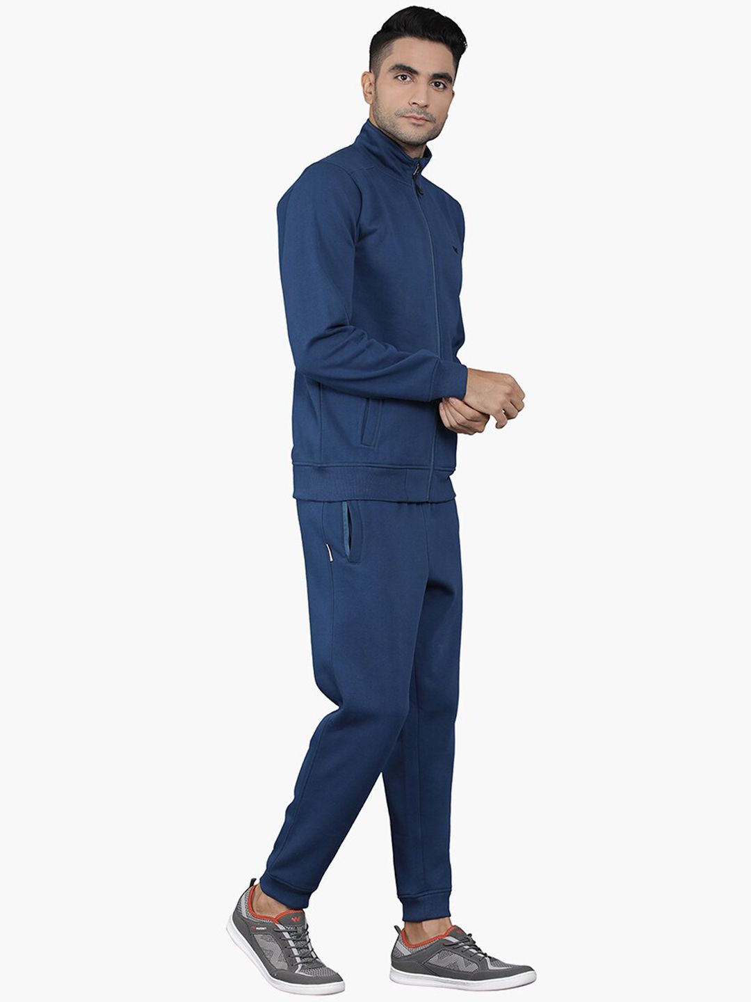  Wildcraft Men Navy Blue Brand Logo Print Ribbed Collar Relaxed-Fit Tracksuit