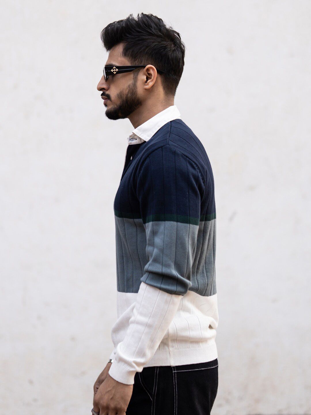  Powerlook Colourblocked Shirt Collar Ribbed Sweatshirt
