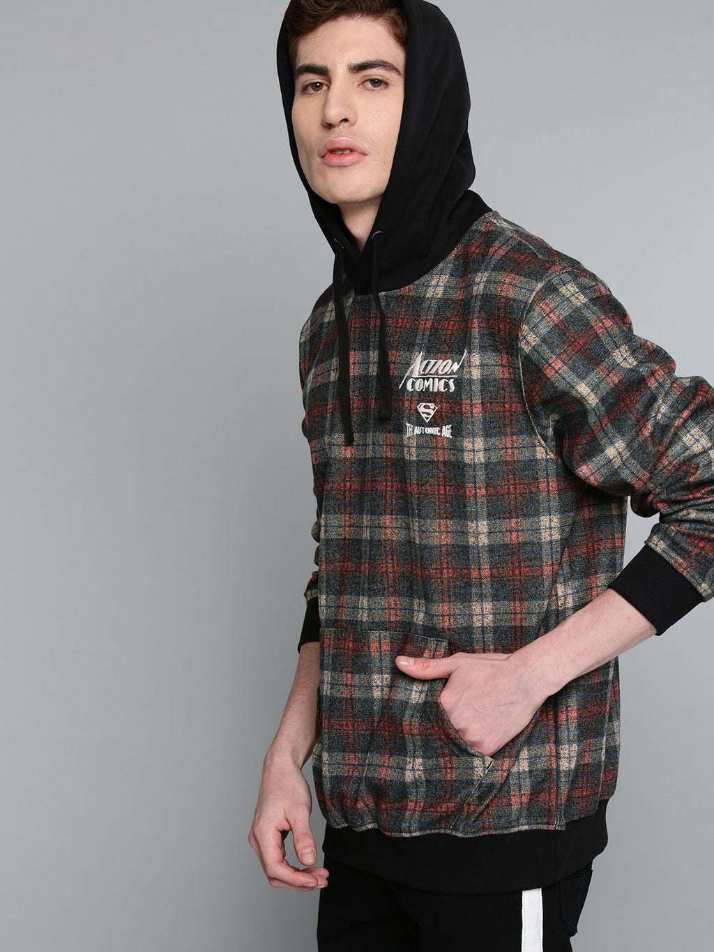  Justice League Men Charcoal Grey & Red Checked Hooded Sweatshirt