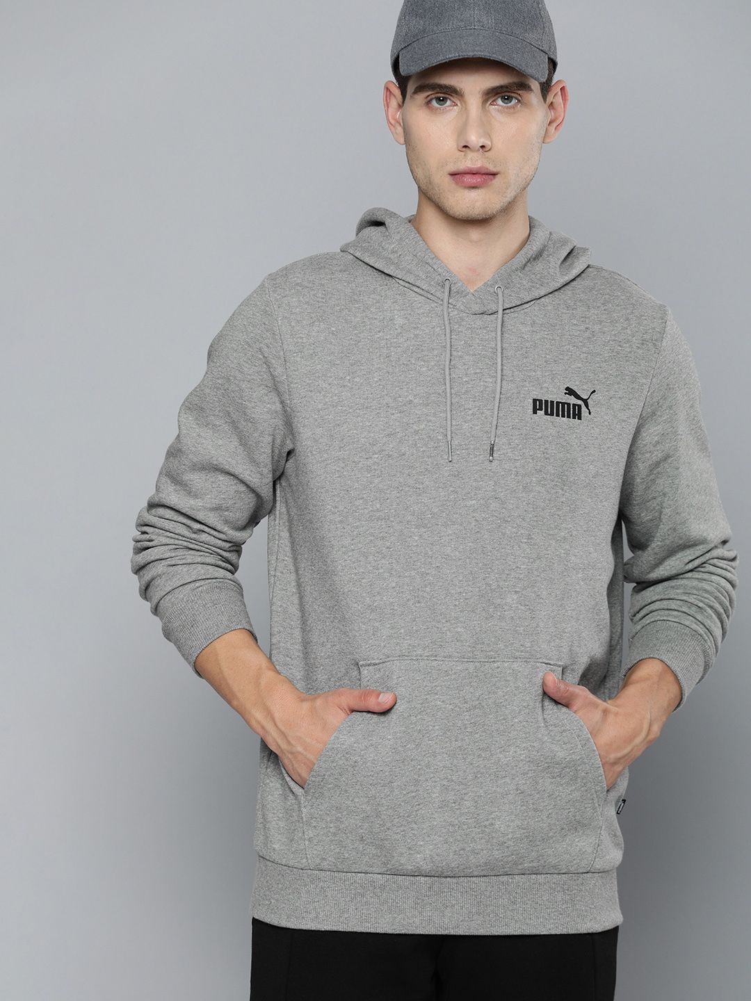  Puma Men Grey Melange Solid Essential Small Logo Hooded Sweatshirt