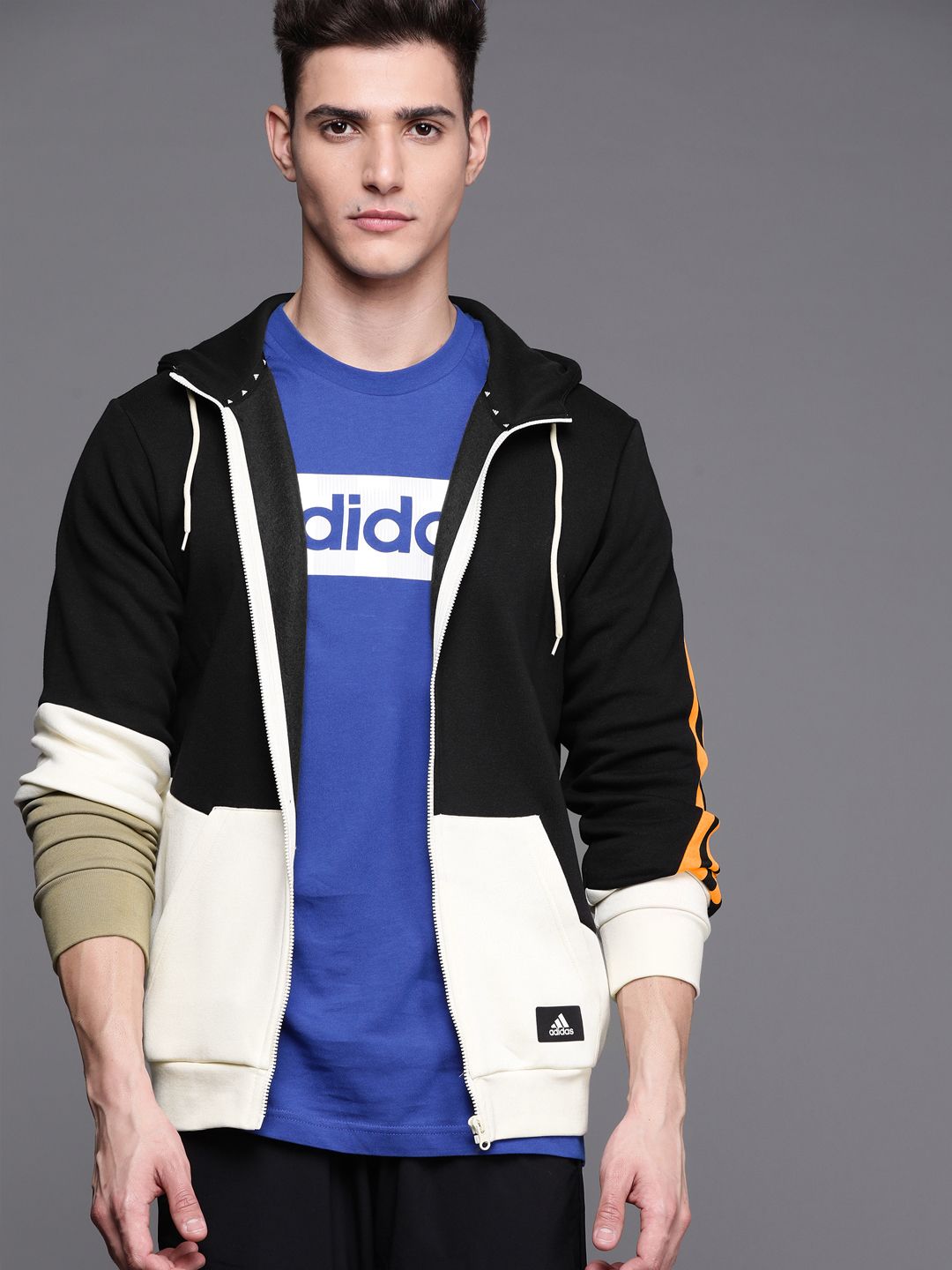 ADIDAS Men Black & Off-White FI Colourblocked FZ Hooded Training Sweatshirt