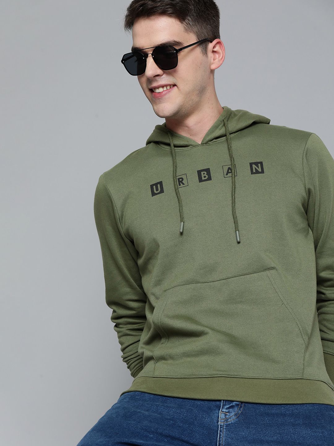  HERE&NOW Men Green & Black Printed Hooded Sweatshirt