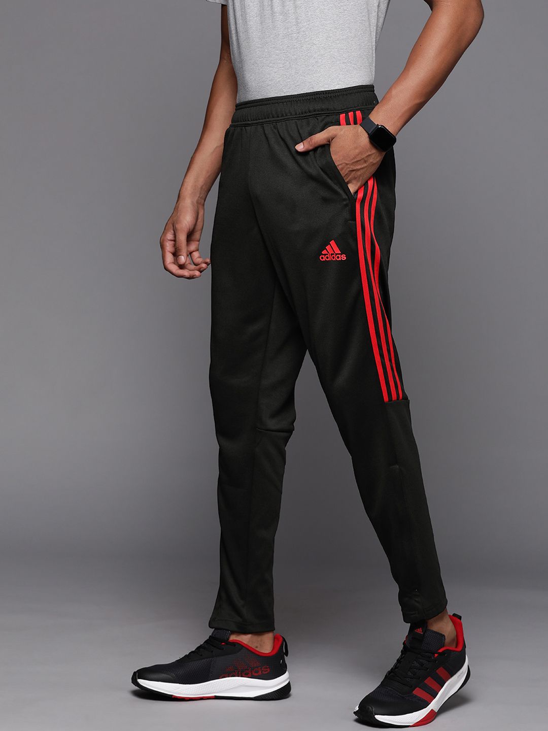  ADIDAS Men Black & Red Sereno Brand Logo Printed Side Striped Track Pants