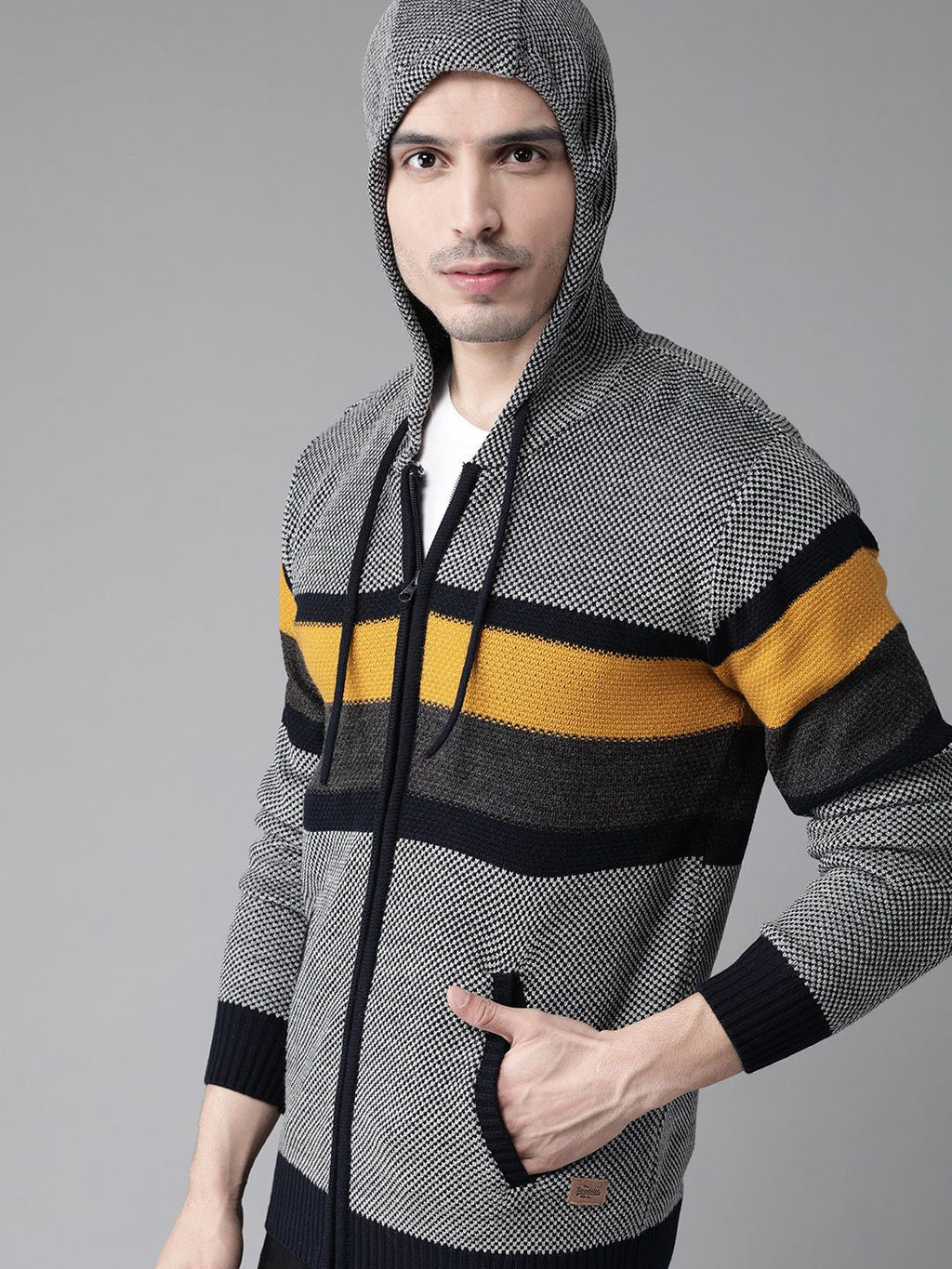  Roadster Men Grey & Black Striped Hooded Sweatshirt