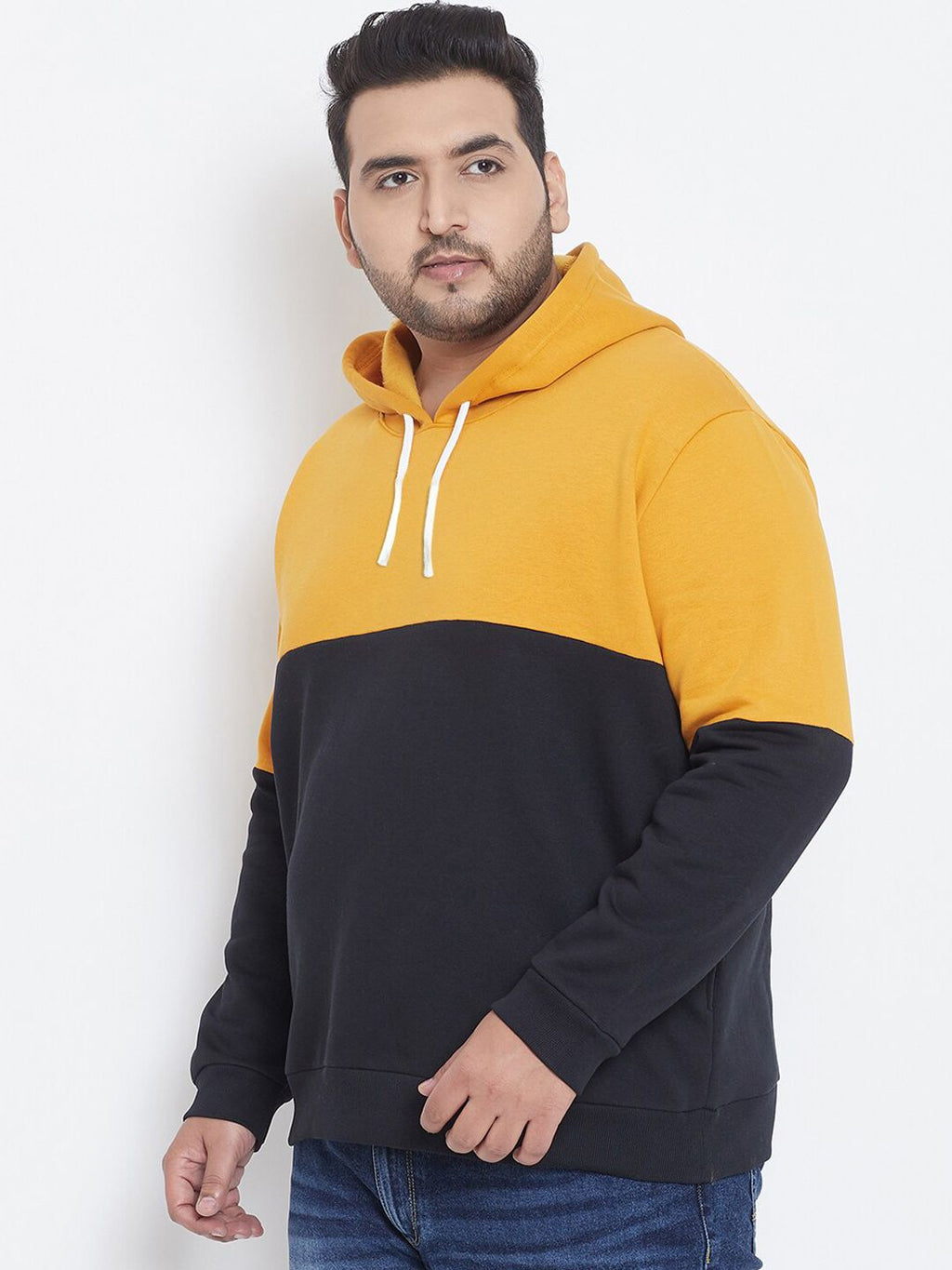  Instafab Plus Men Mustard Yellow & Black Colourblocked Hooded Sweatshirt