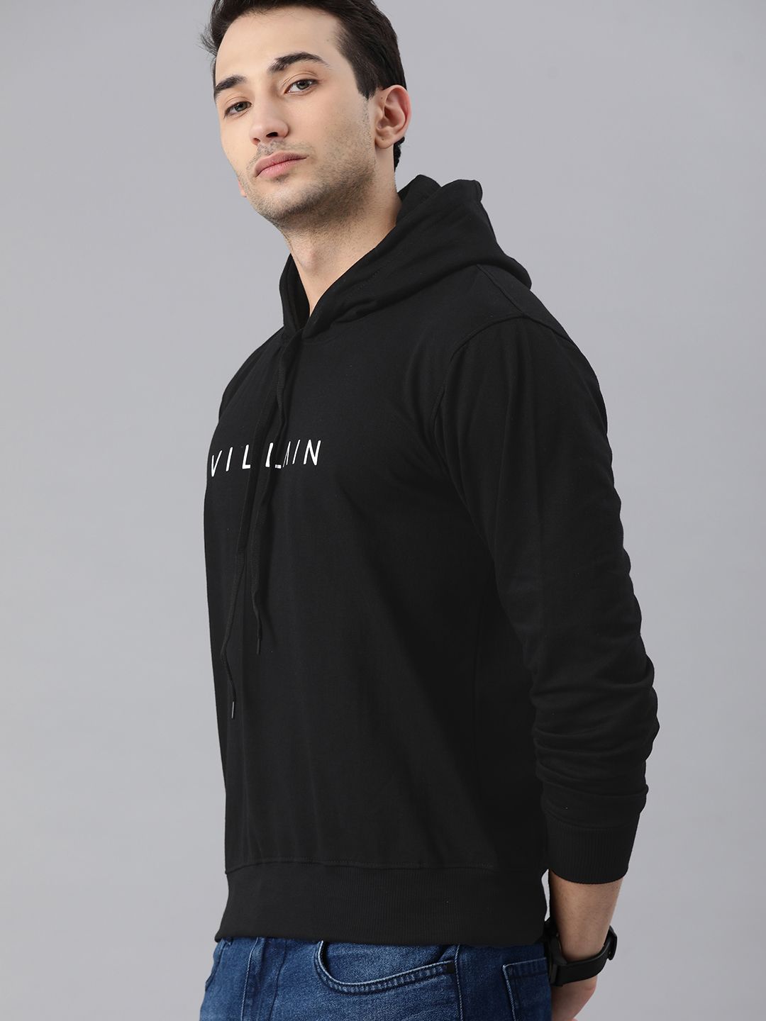  VILLAIN Men Black Printed Hooded Sweatshirt