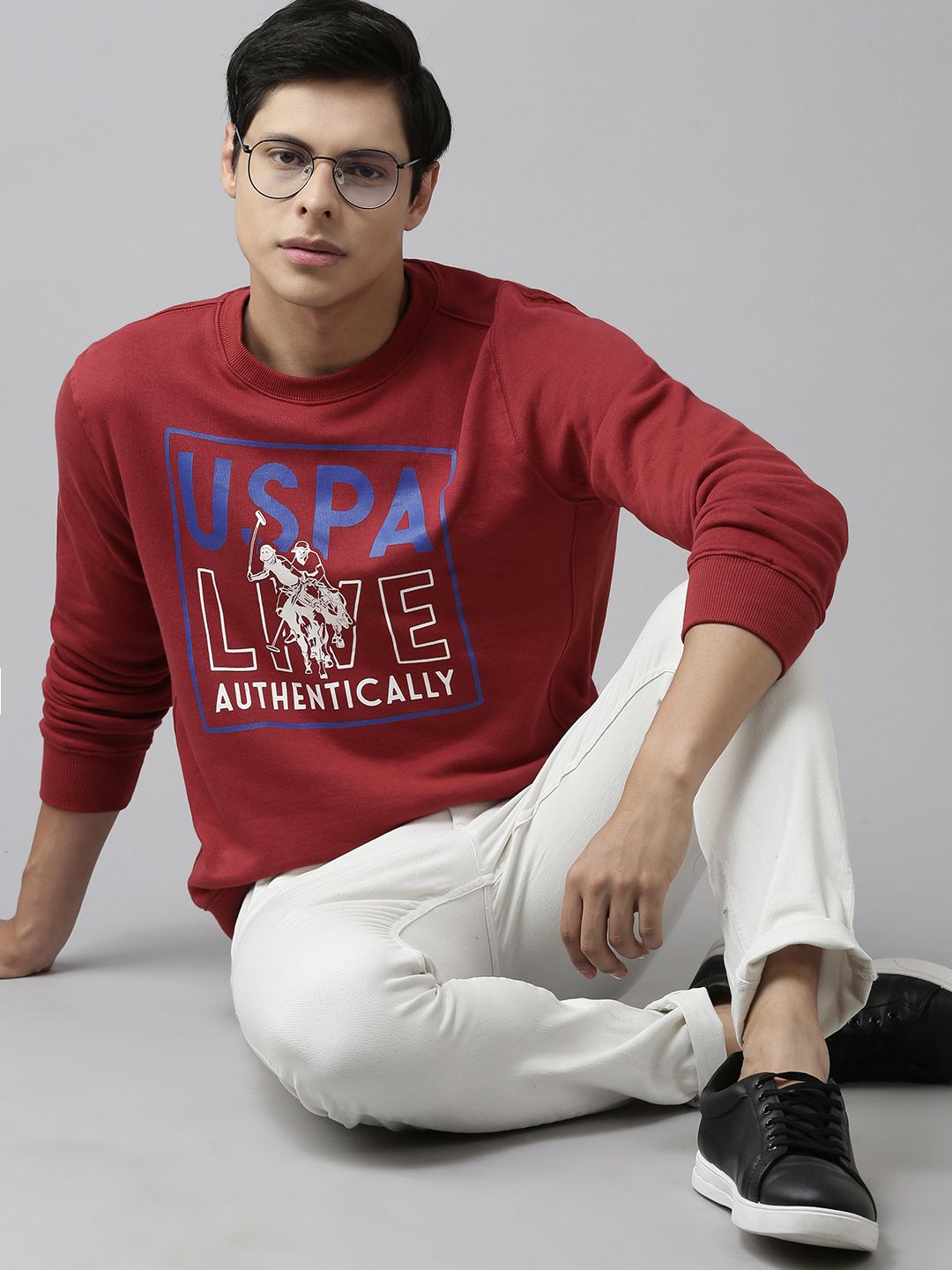  U.S. Polo Assn. Men Coral Red & White Cotton Brand Logo Print Sweatshirt