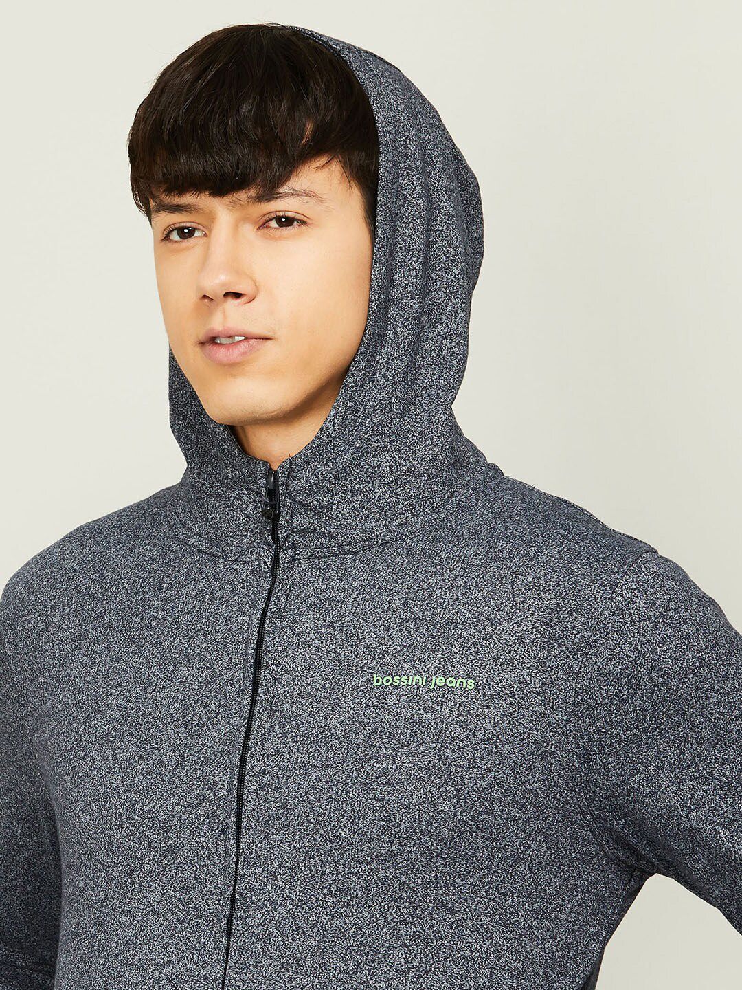  Bossini Men Charcoal Self Design Cotton Hooded Sweatshirt